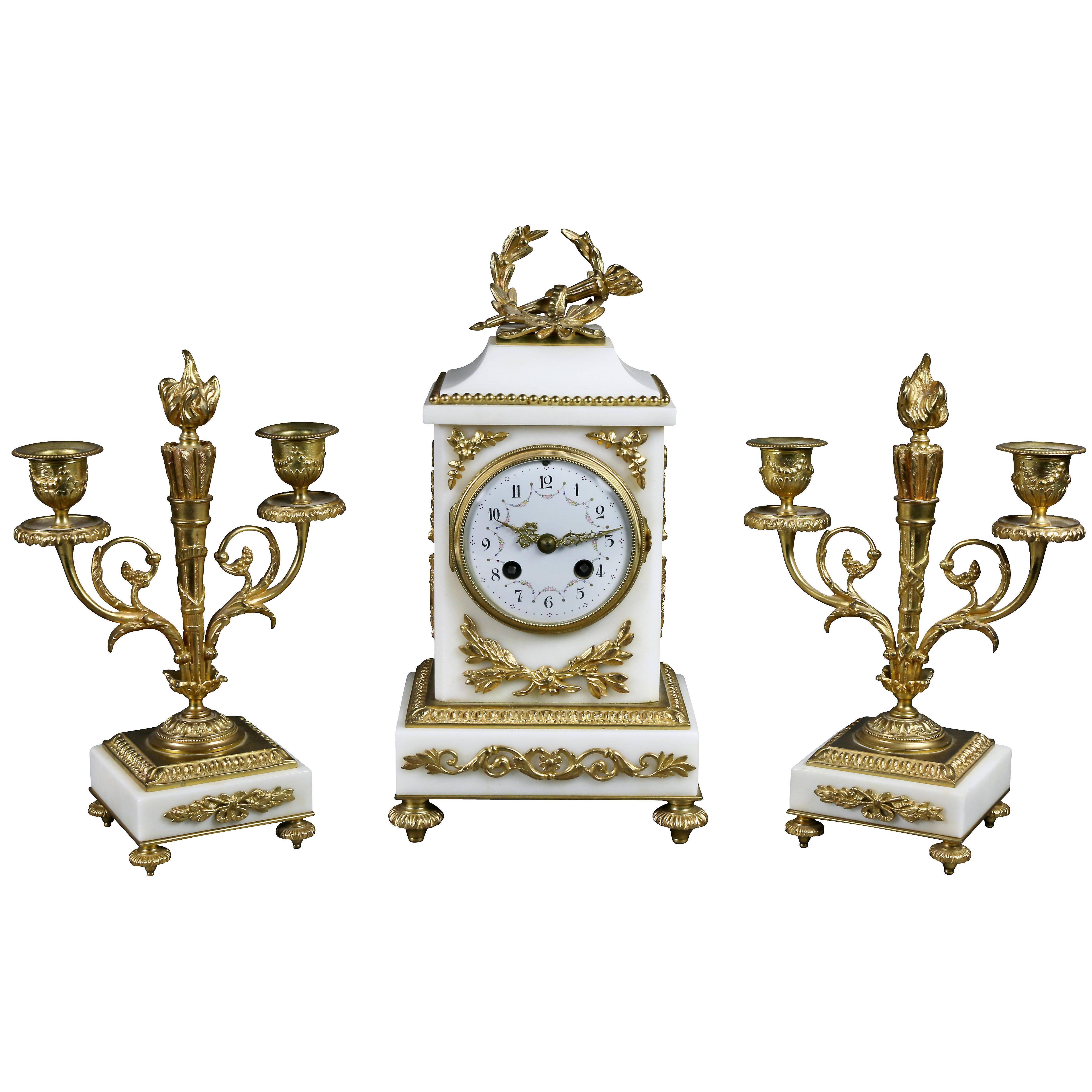 Louis XVI Style Marble and Bronze Clock Garniture