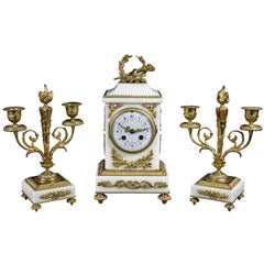 Antique Louis XVI Style Marble and Bronze Clock Garniture