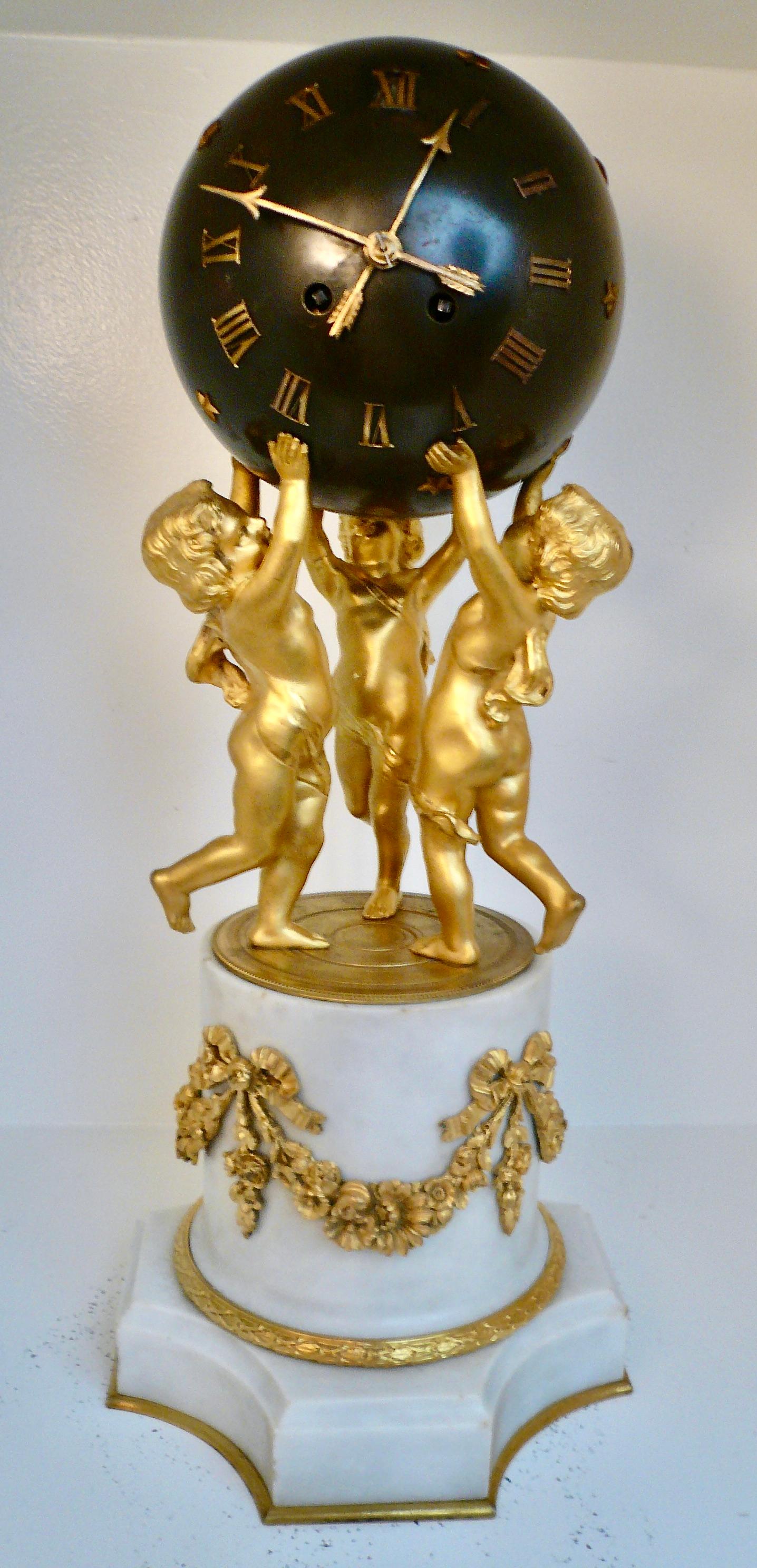 Louis XVI Style Marble and Gilt Bronze Sphere Form Clock by Samuel Marte  For Sale 5