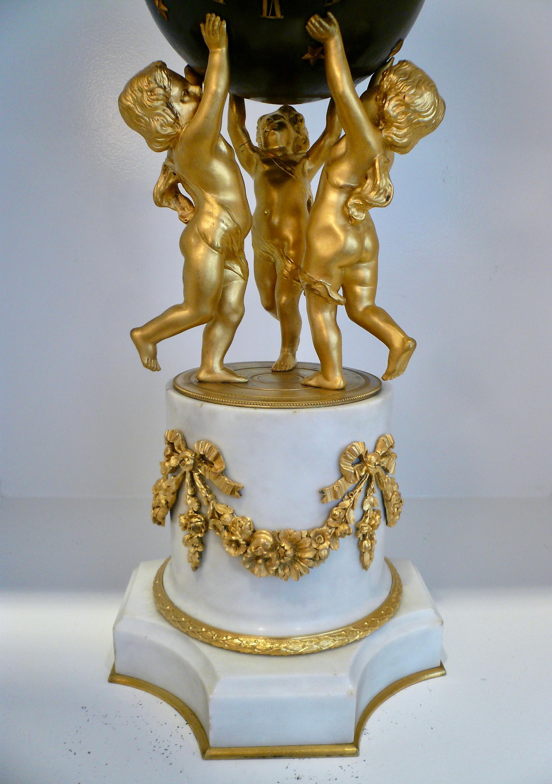 Louis XVI Style Marble and Gilt Bronze Sphere Form Clock by Samuel Marte  In Good Condition For Sale In Pittsburgh, PA