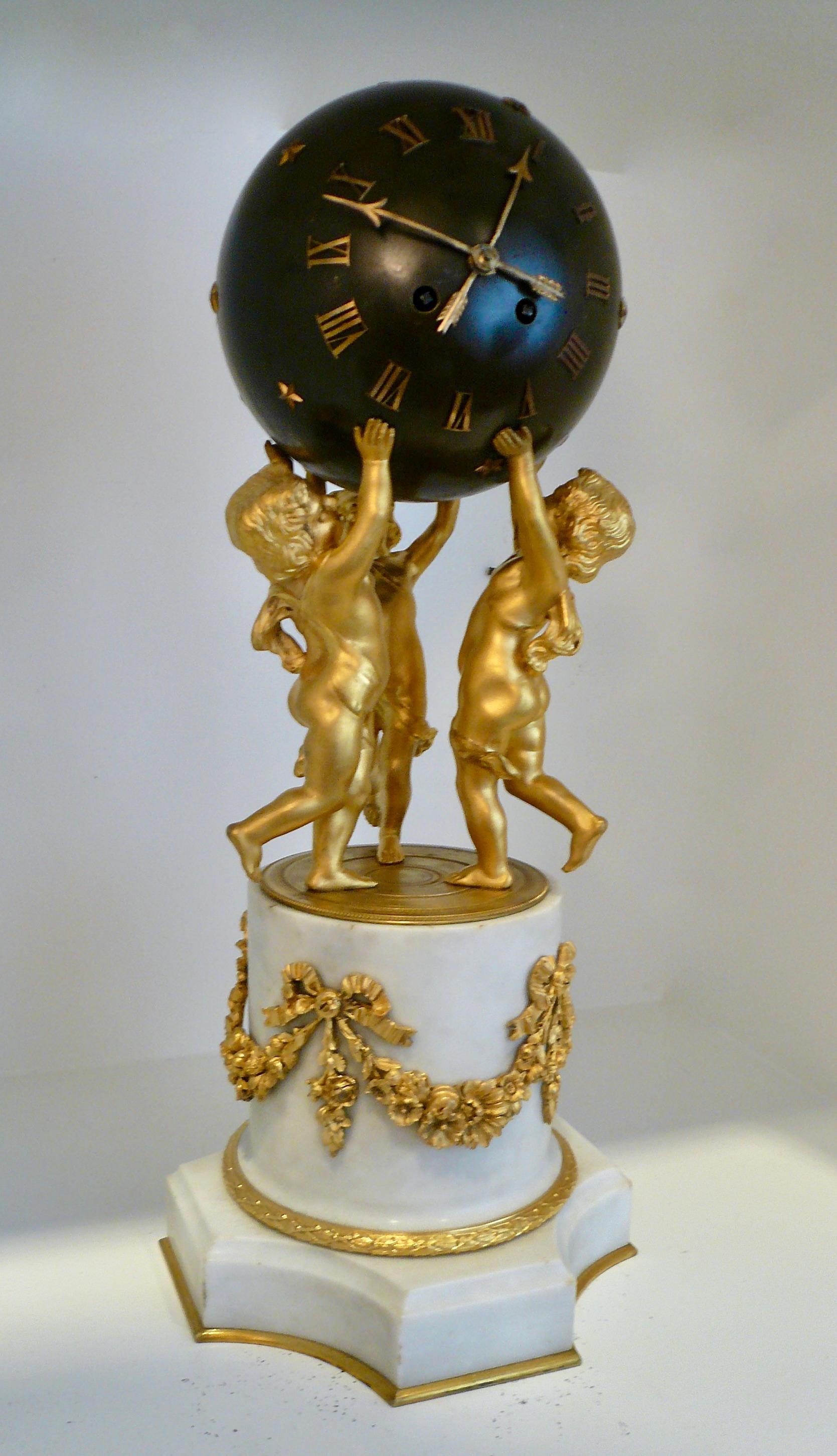 19th Century Louis XVI Style Marble and Gilt Bronze Sphere Form Clock by Samuel Marte  For Sale