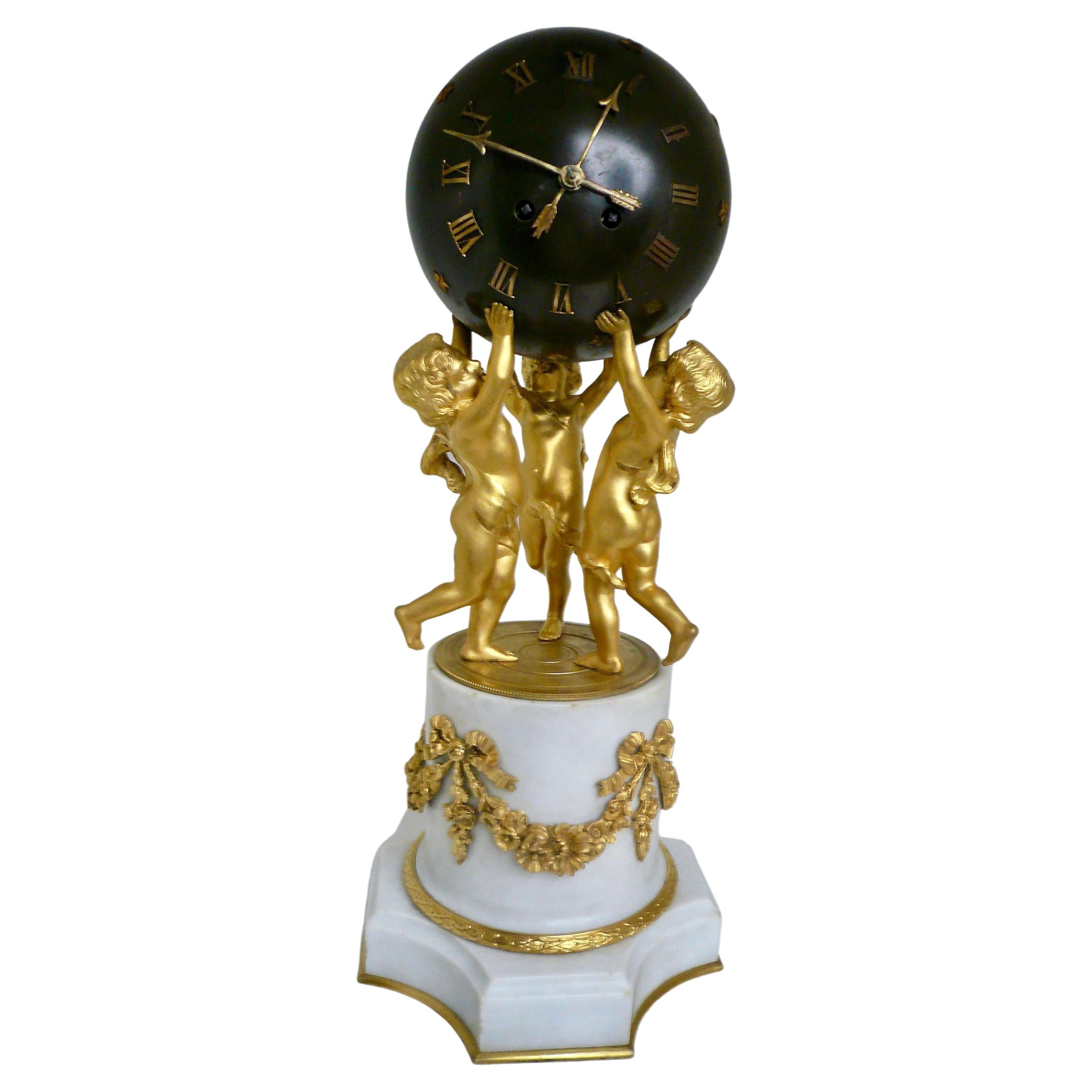 Louis XVI Style Marble and Gilt Bronze Sphere Form Clock by Samuel Marte  For Sale
