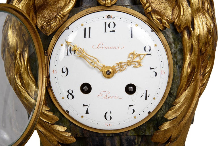 French Louis XVI Style Marble and Ormolu Mantel Clock, by Sormani, circa 1880 For Sale