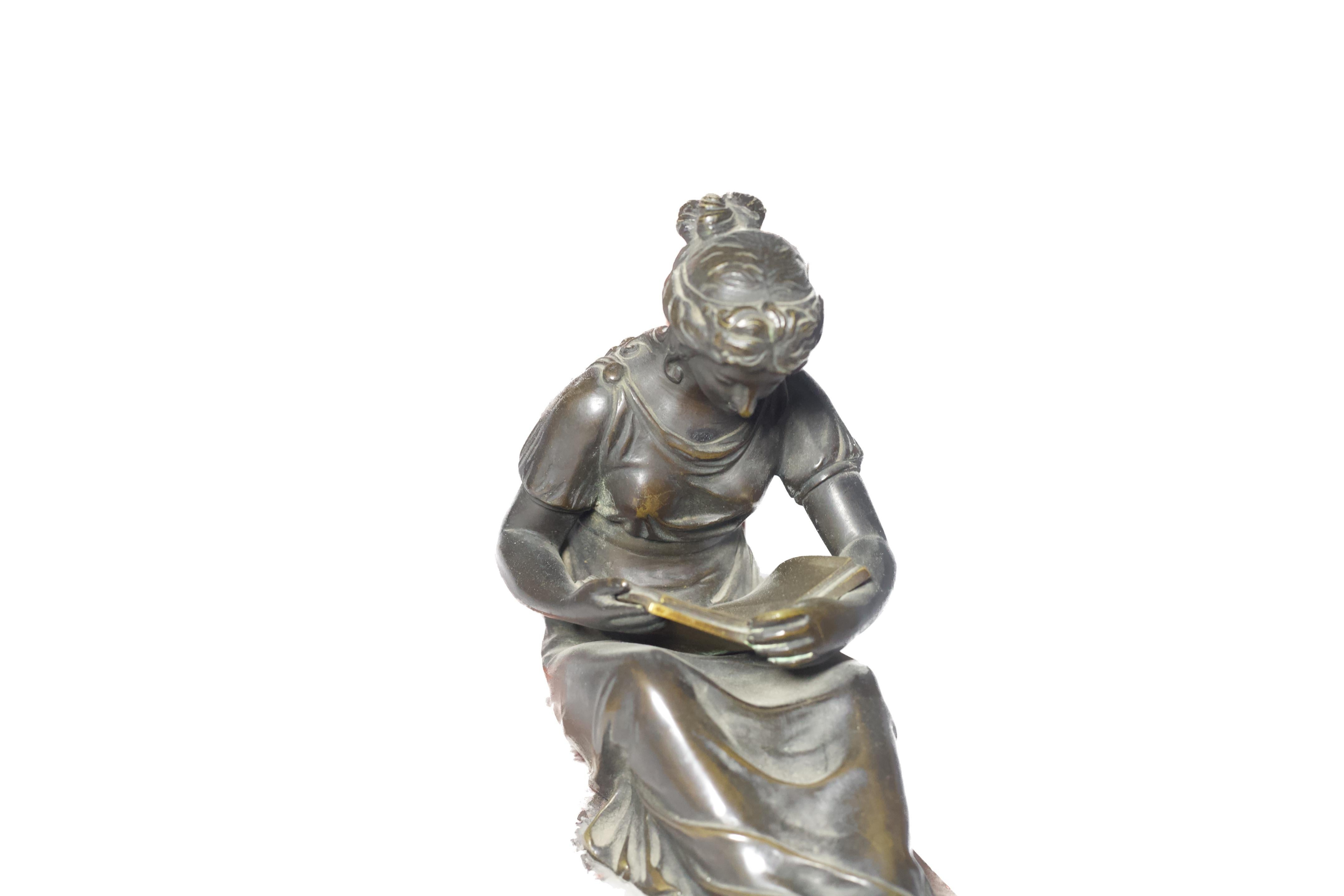 Louis XVI Style Marble Clock with Patinated Bronze Figures For Sale 5