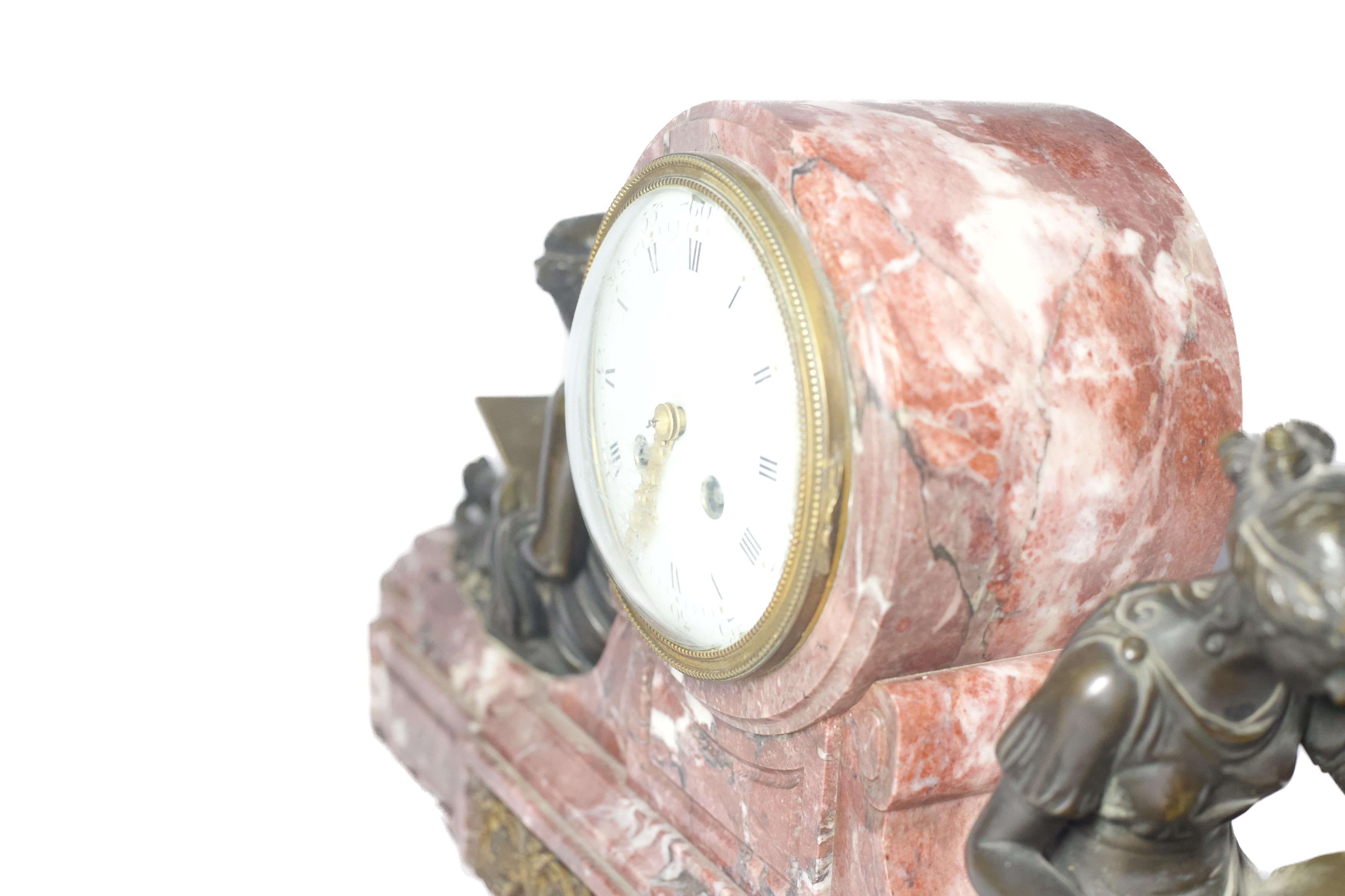 Louis XVI Style Marble Clock with Patinated Bronze Figures For Sale 6