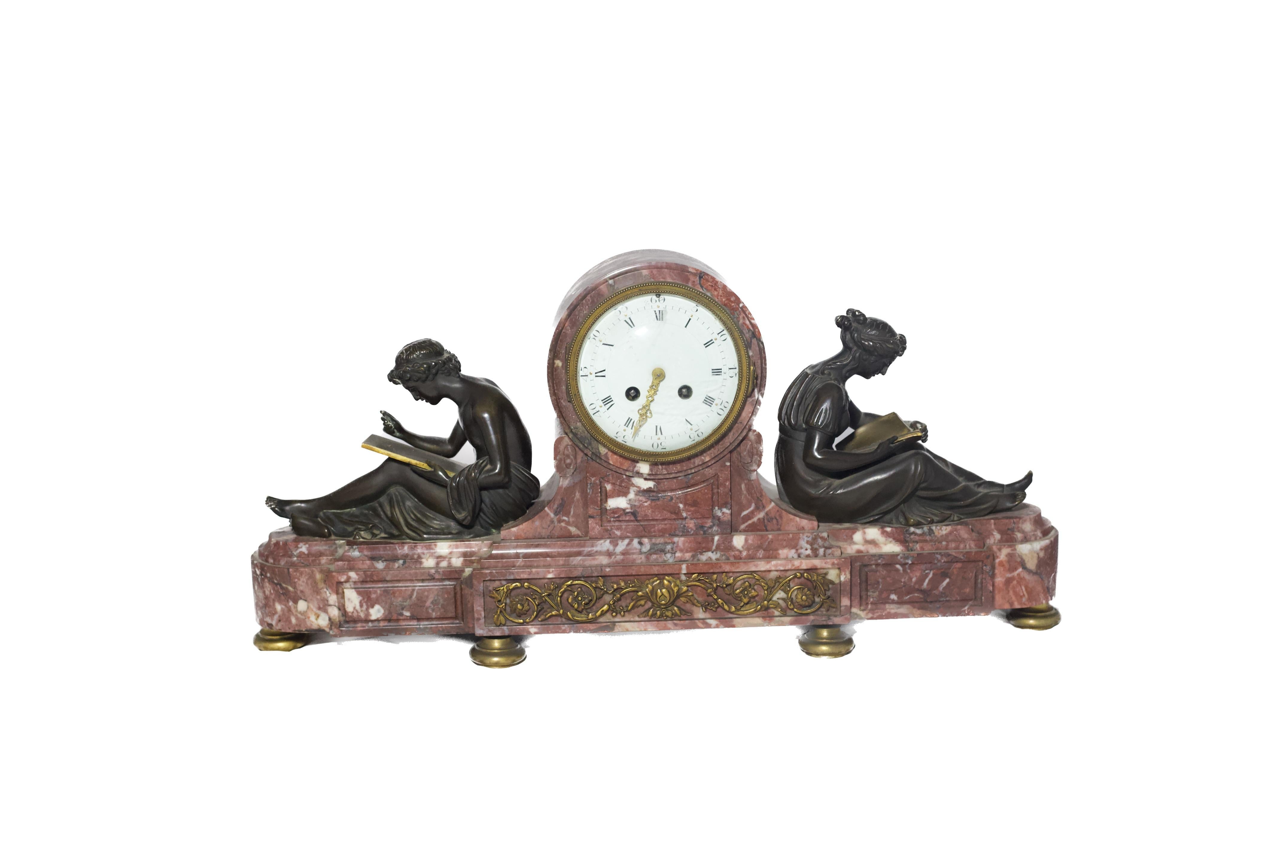 French Louis XVI Style Marble Clock with Patinated Bronze Figures For Sale