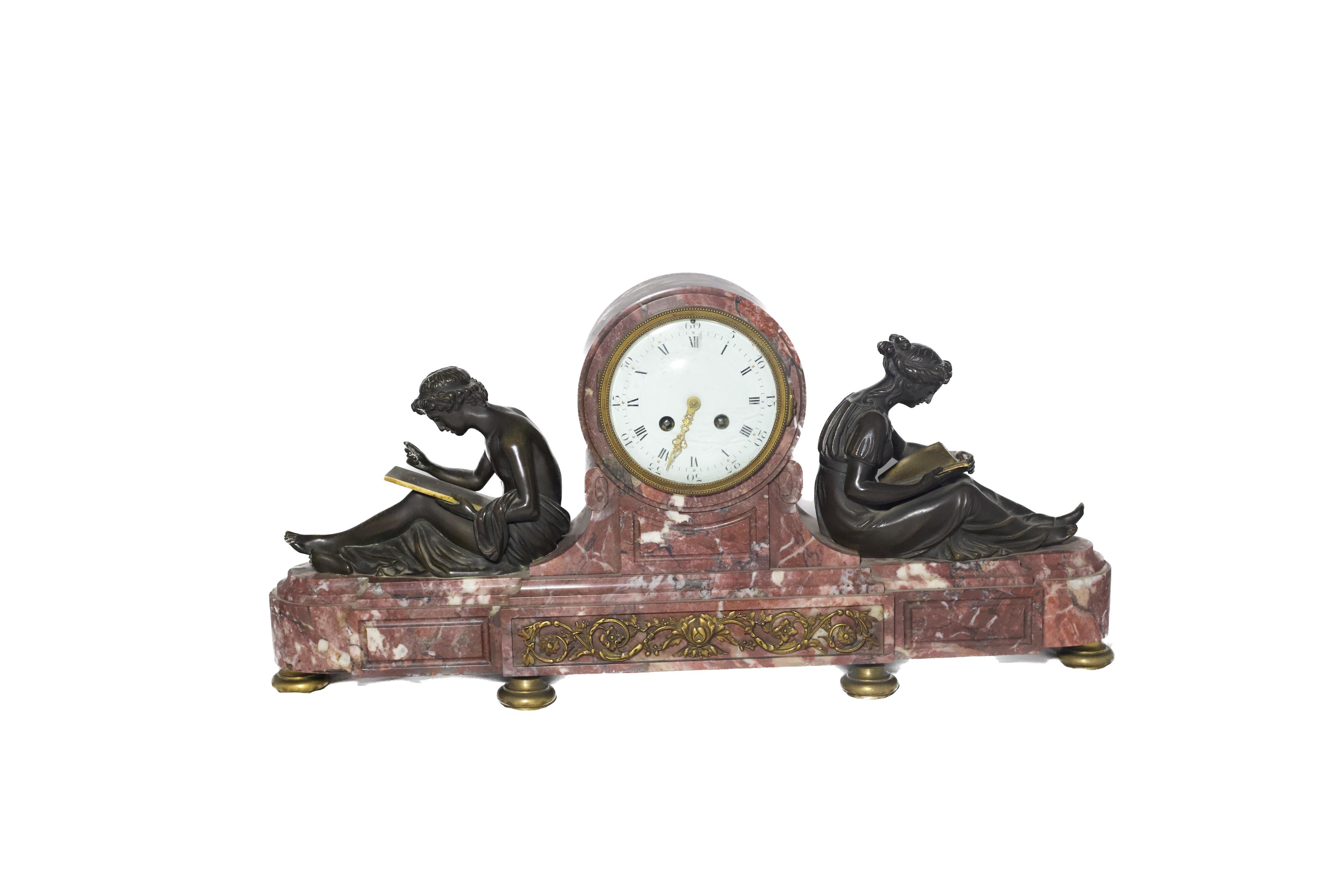 Louis XVI Style Marble Clock with Patinated Bronze Figures In Good Condition For Sale In Miami, US