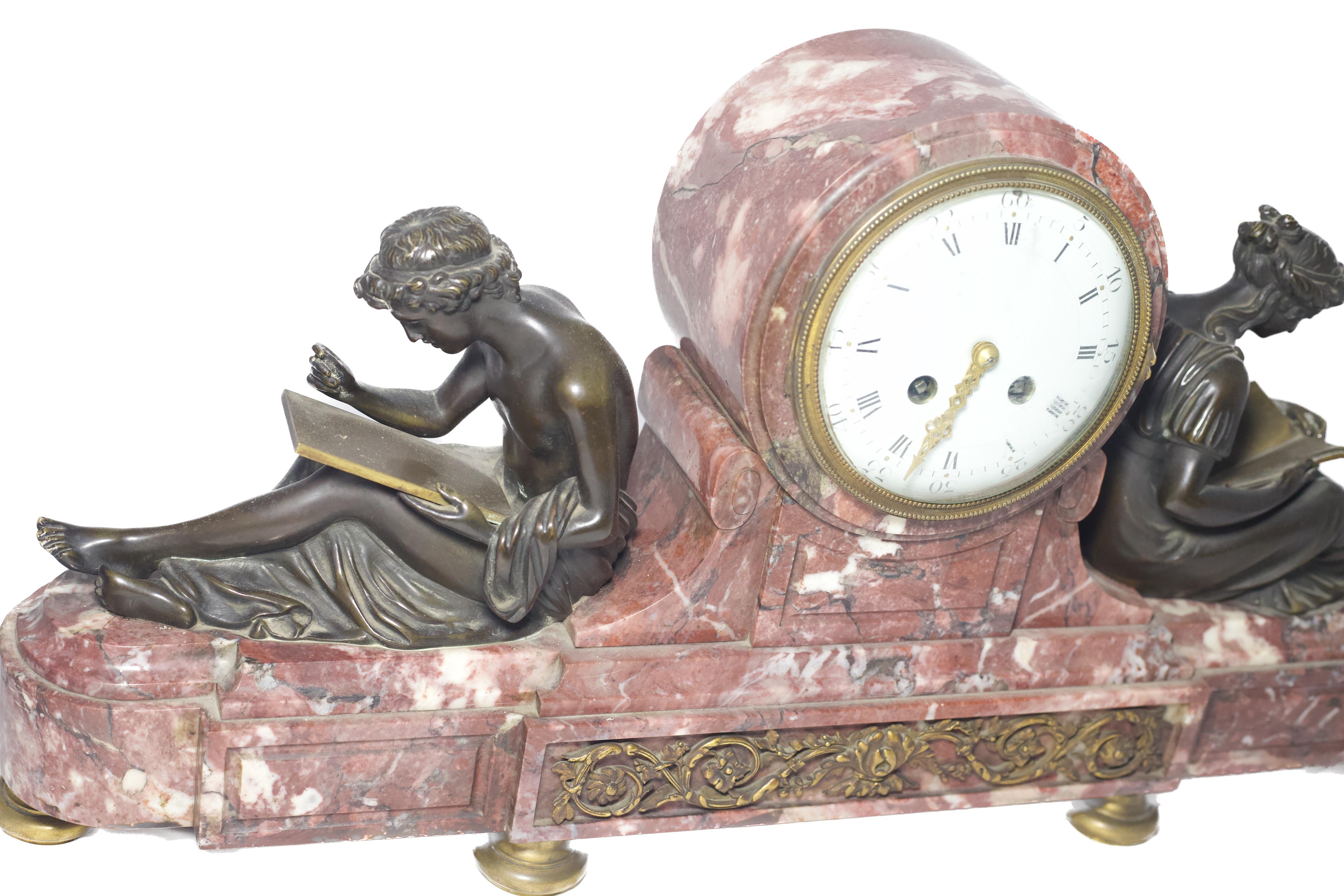 19th Century Louis XVI Style Marble Clock with Patinated Bronze Figures For Sale