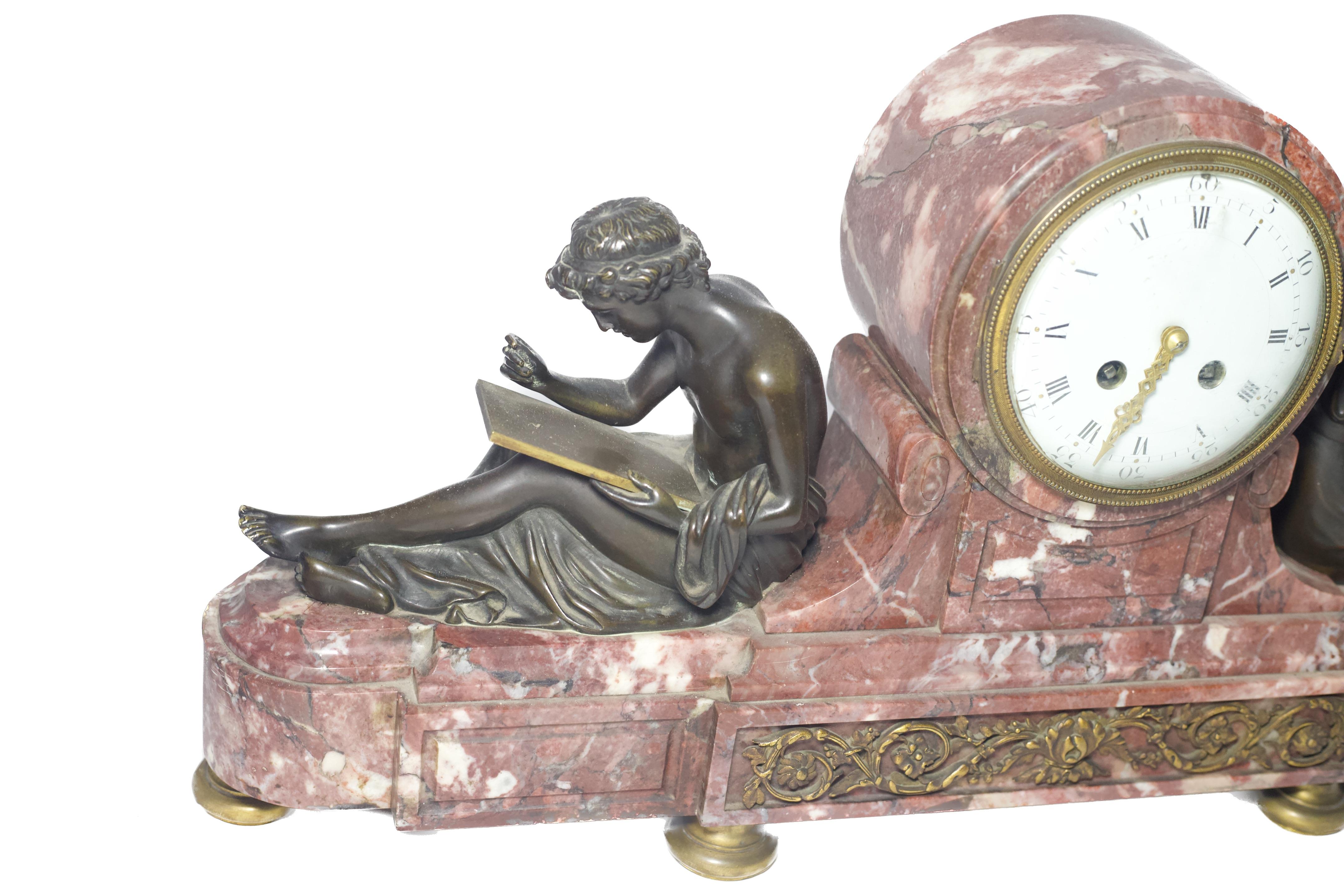 Louis XVI Style Marble Clock with Patinated Bronze Figures For Sale 1