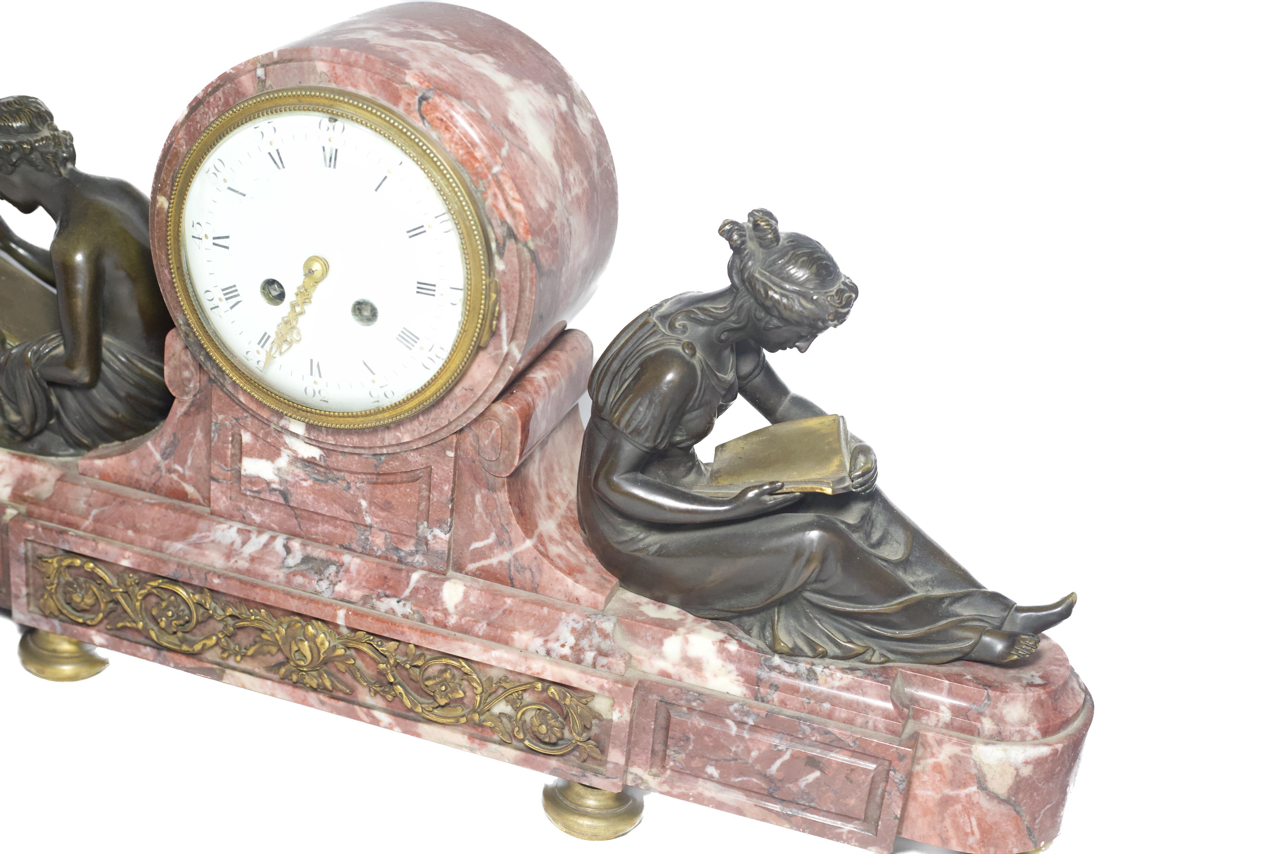 Louis XVI Style Marble Clock with Patinated Bronze Figures For Sale 3