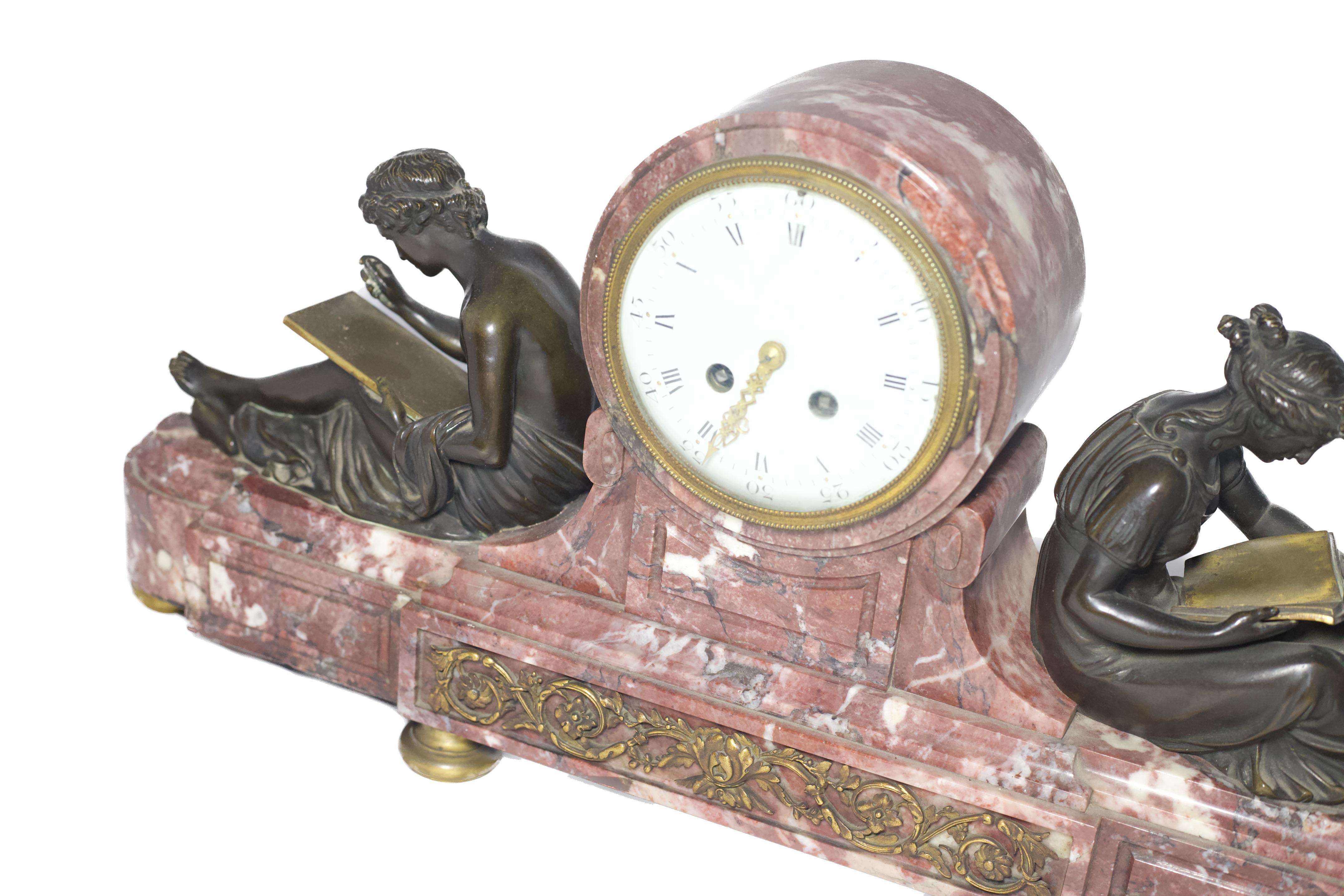 Louis XVI Style Marble Clock with Patinated Bronze Figures For Sale 4