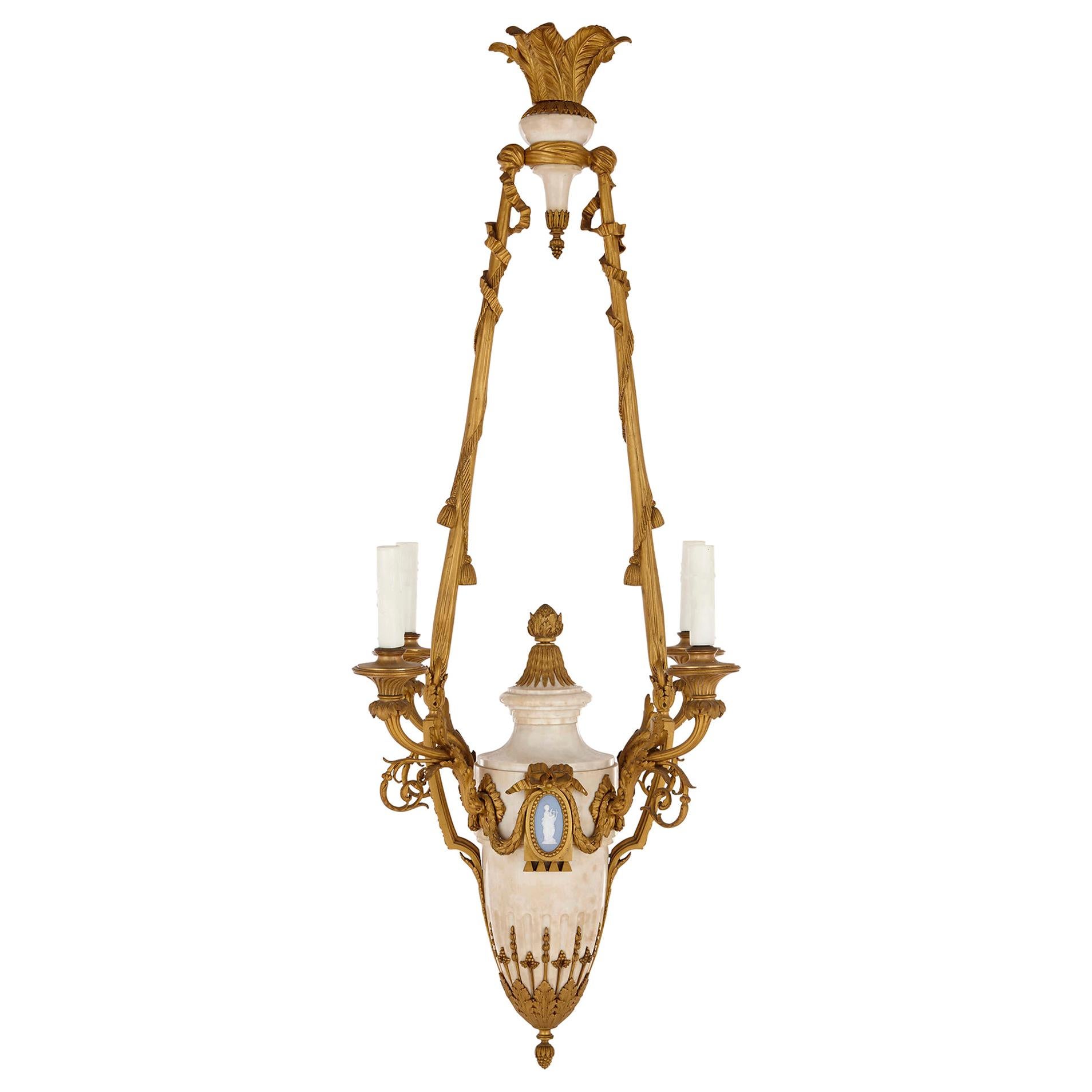 Louis XVI style marble, gilt bronze and jasperware chandelier  For Sale