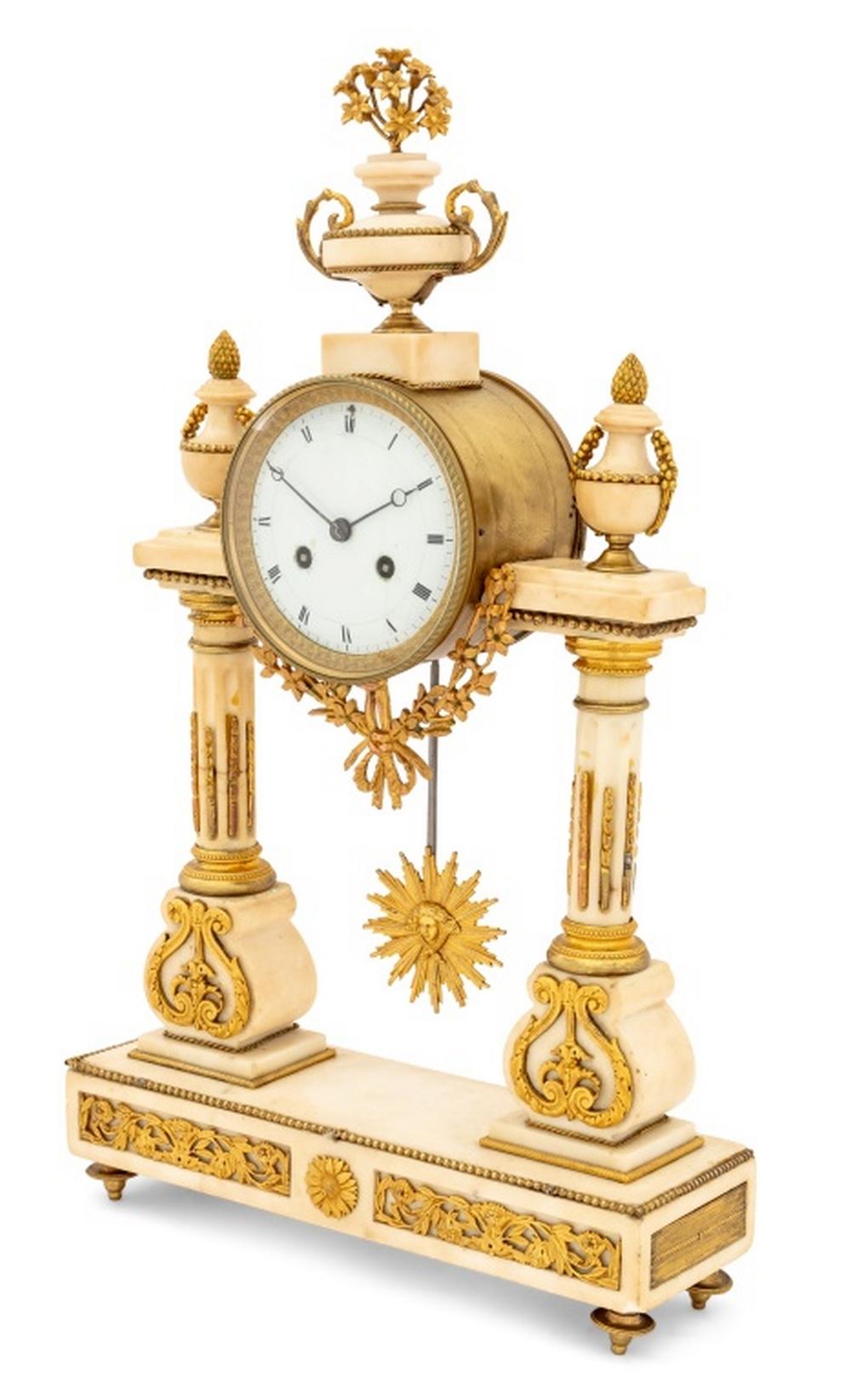 European Louis XVI Style Marble Portico Mantel Clock For Sale