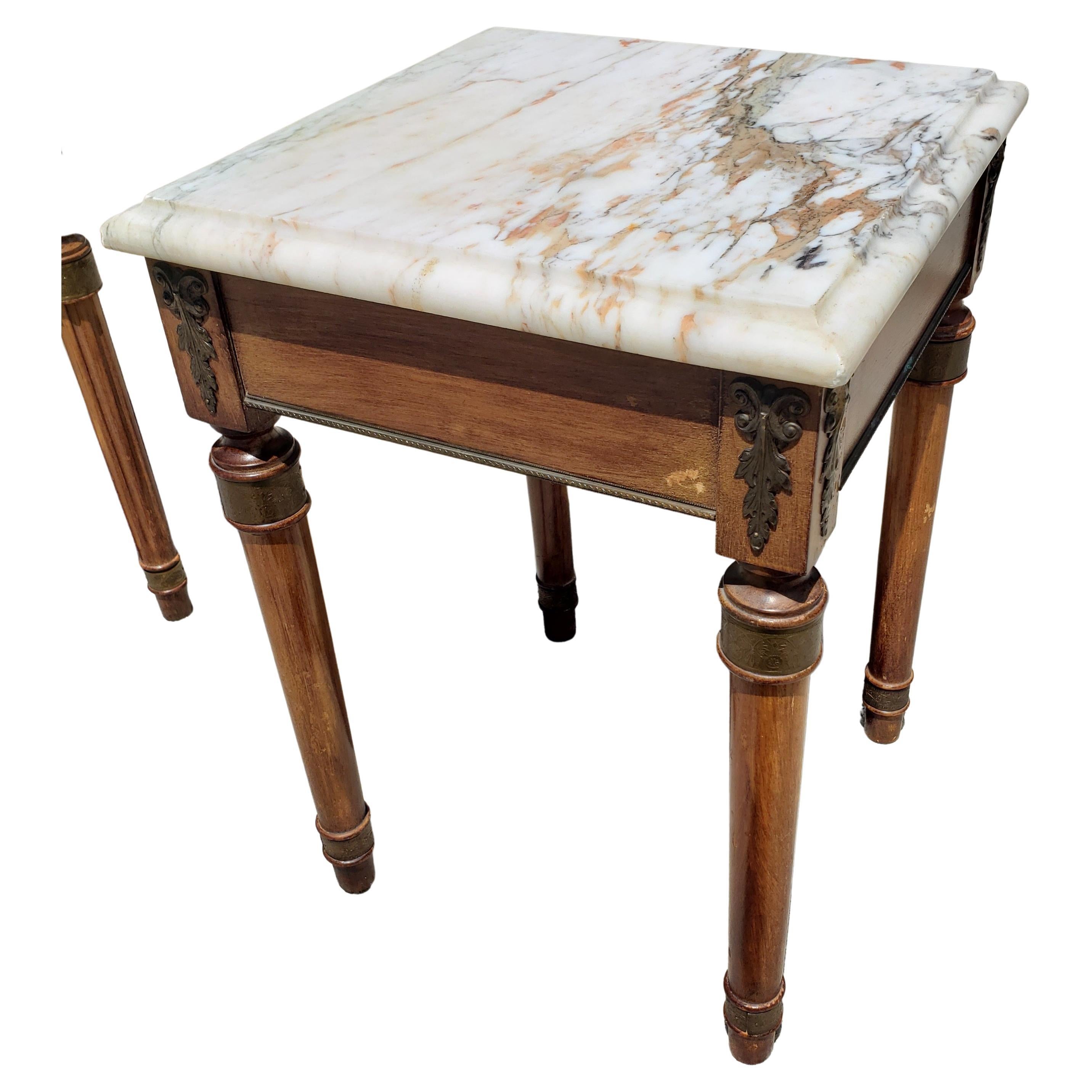 Woodwork Louis XVI Style Marble Top and Brass Mounted Wood Square Side Tables, a Pair
