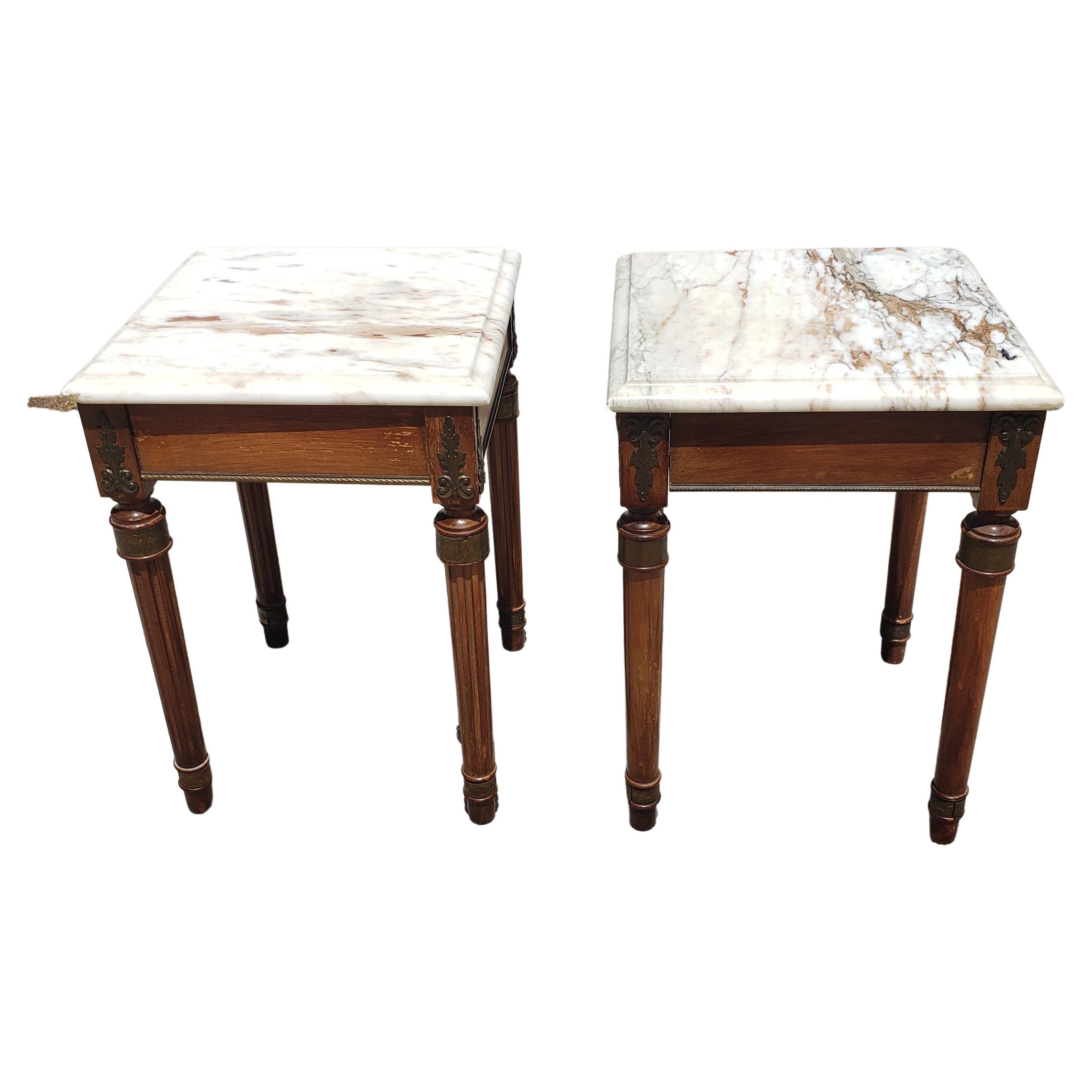 Louis XVI Style Marble Top and Brass Mounted Wood Square Side Tables, a Pair In Good Condition In Germantown, MD