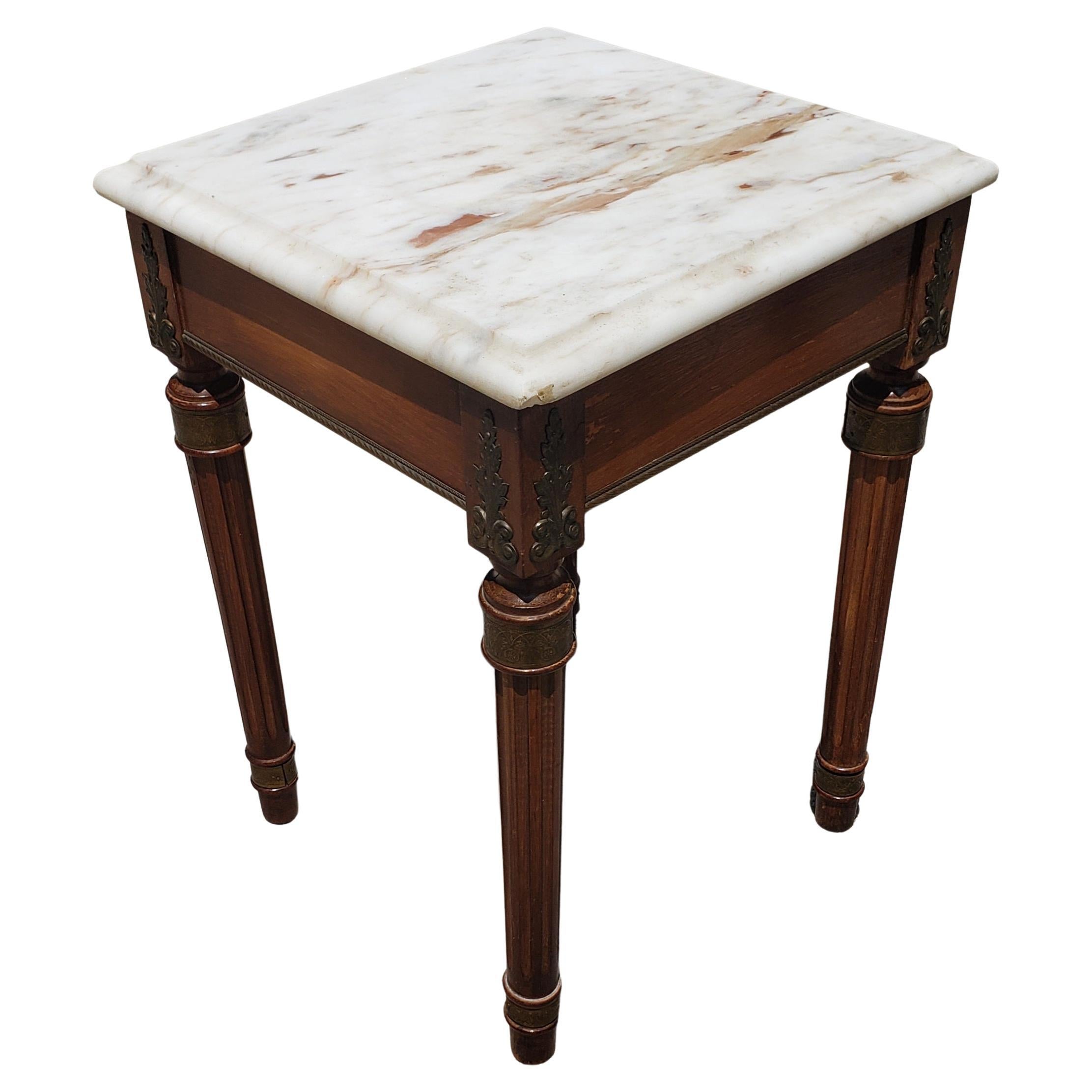 20th Century Louis XVI Style Marble Top and Brass Mounted Wood Square Side Tables, a Pair