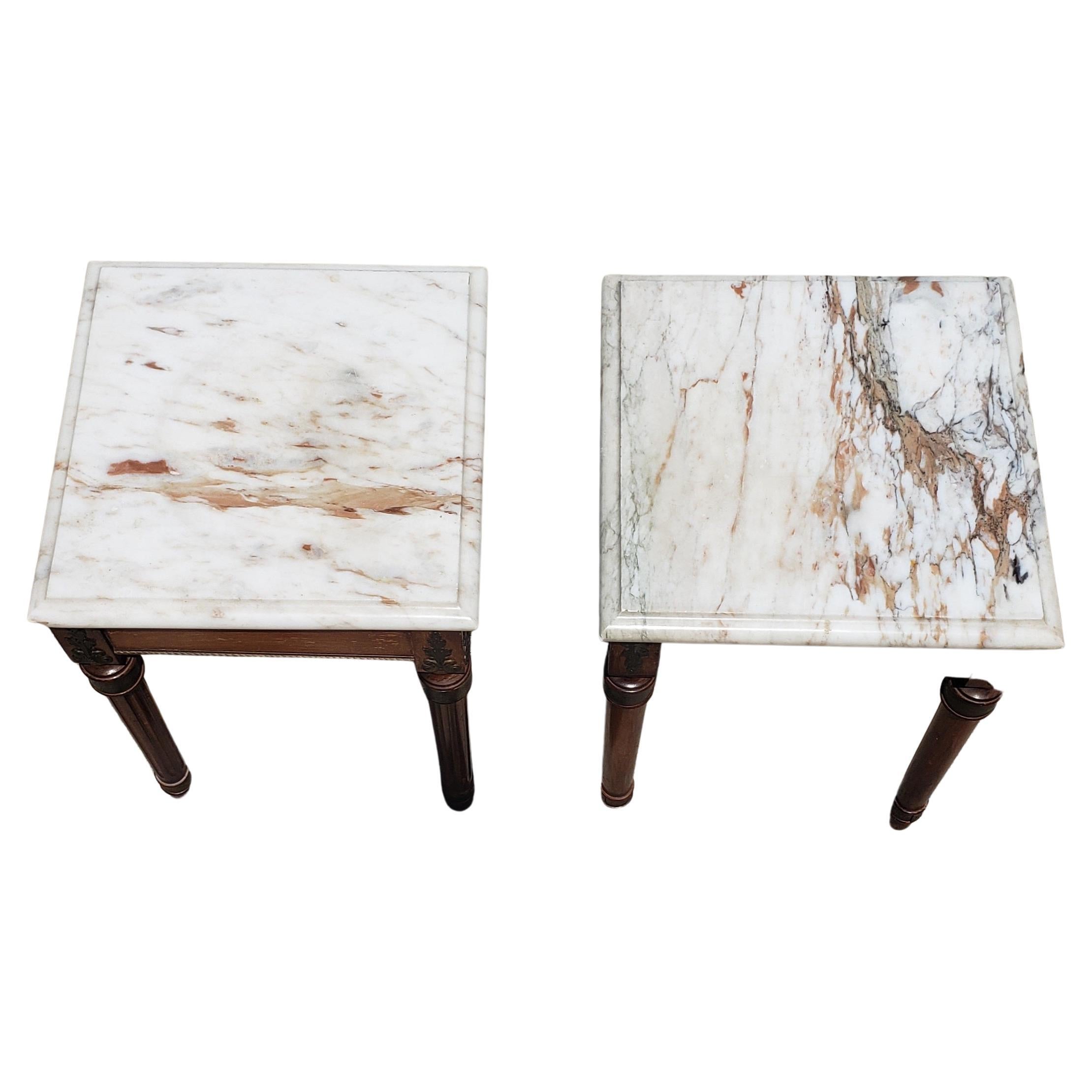 Louis XVI Style Marble Top and Brass Mounted Wood Square Side Tables, a Pair 1