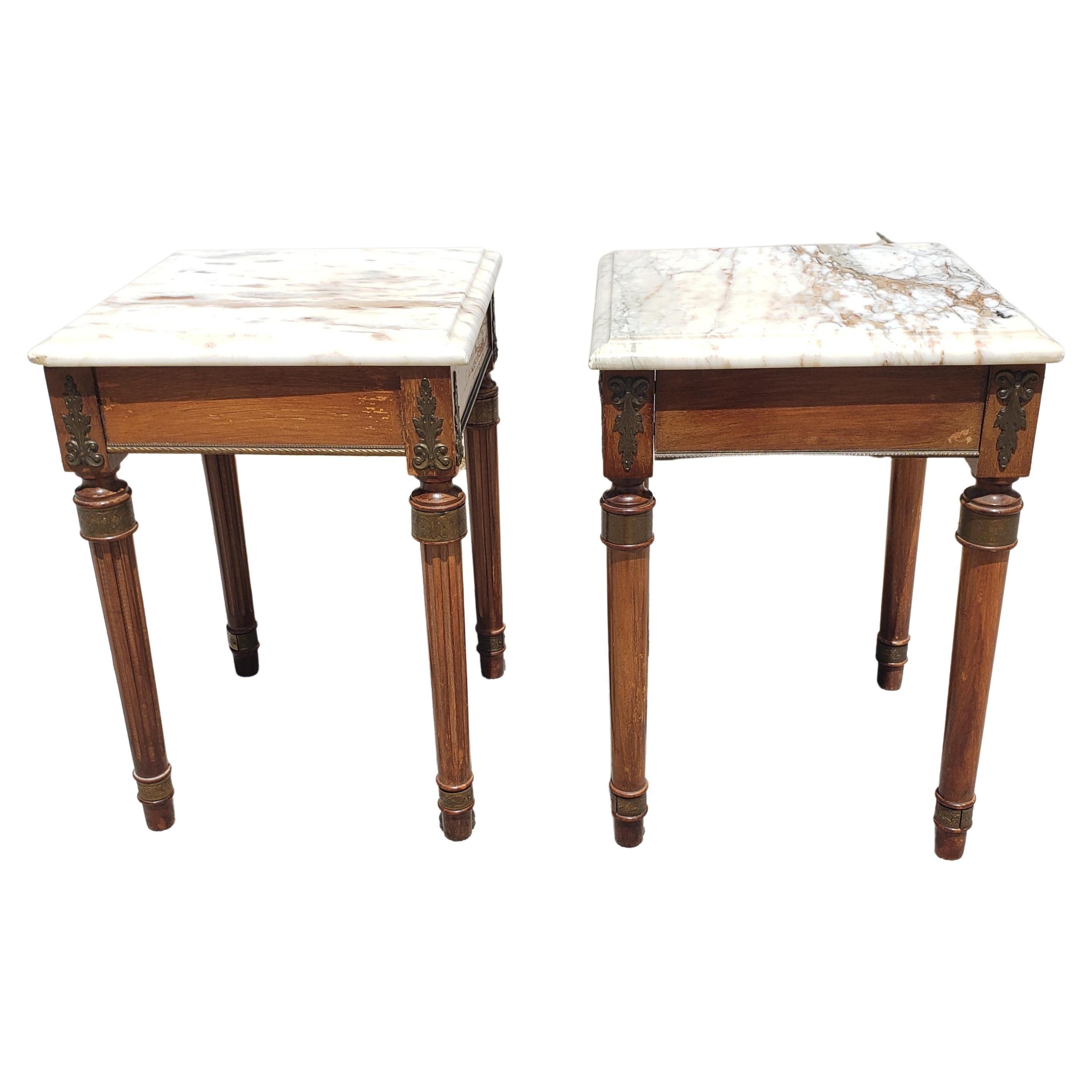 Louis XVI Style Marble Top and Brass Mounted Wood Square Side Tables, a Pair 2