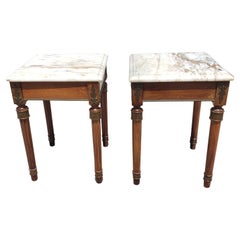 Vintage Louis XVI Style Marble Top and Brass Mounted Wood Square Side Tables, a Pair