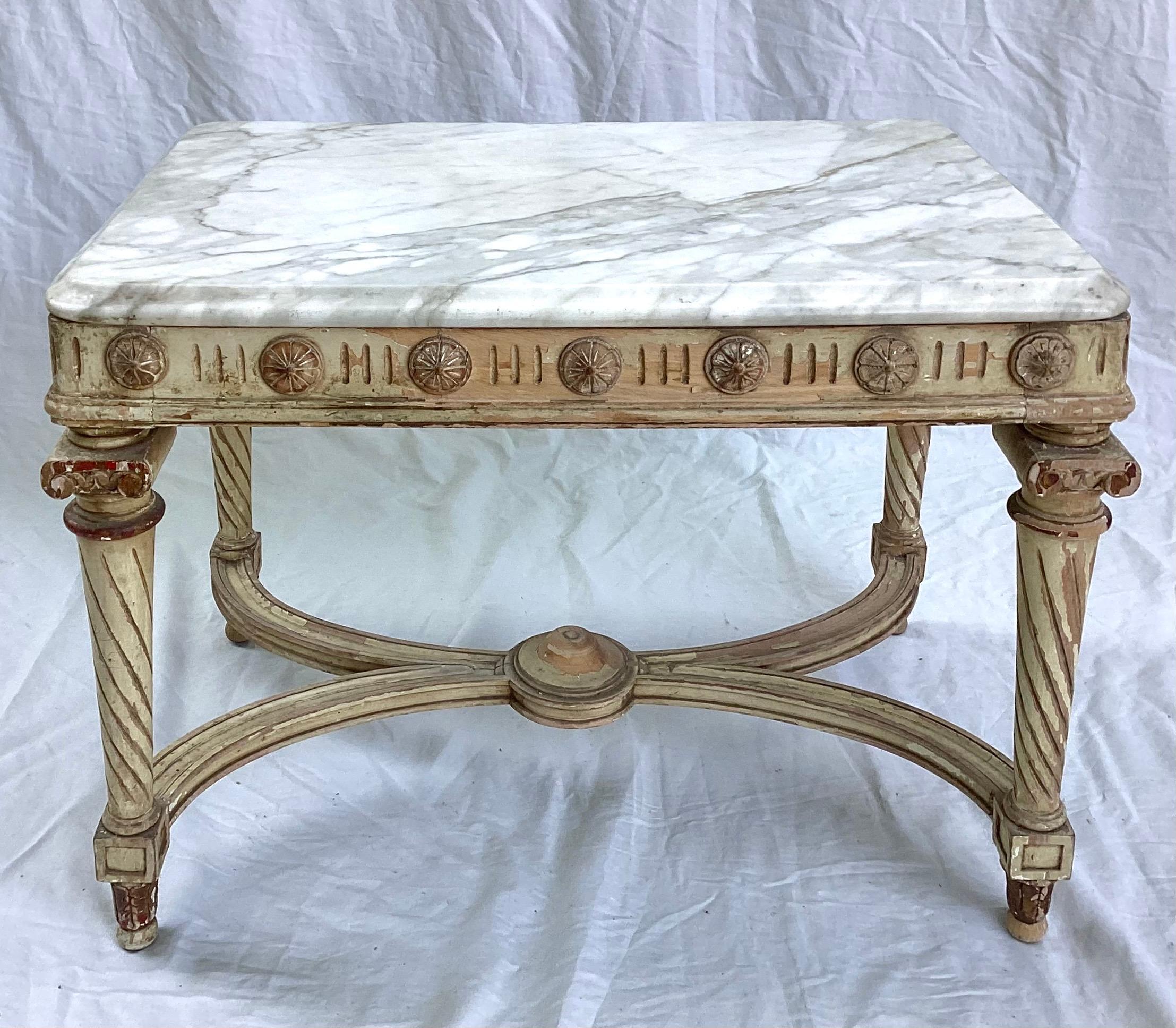 Early 1900’s Louis XVI Style Marble-Top With Distressed Old White Paint & Gold Gilt Coffee Table. 1
24 and a half inches wide by 17 inches deep by 18 1/2 inches tall. White and gold paint is distressed structurally, and the table is sound. I’m not