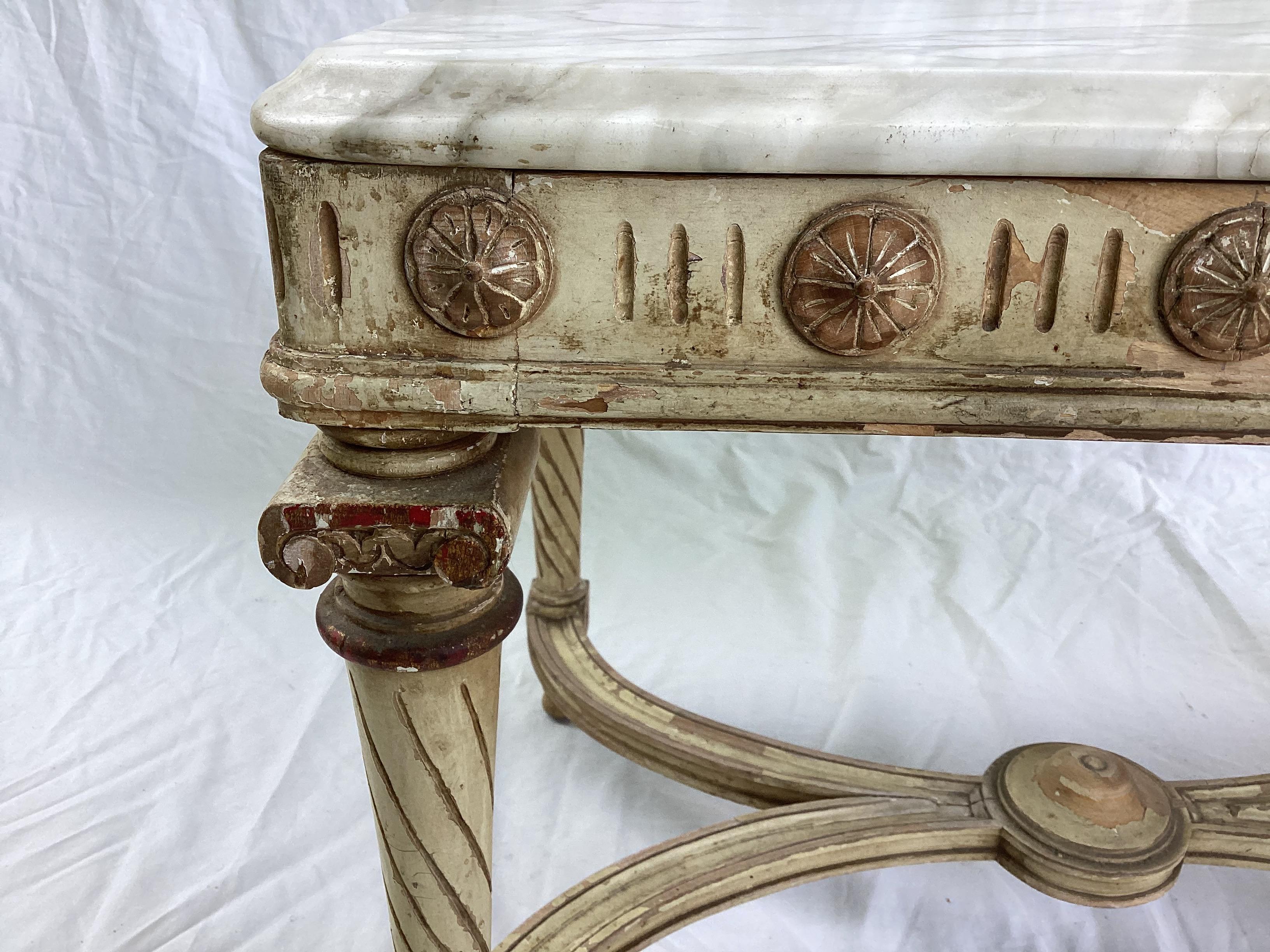 European Louis XVI Style Marble Top Coffee Table - Distressed Old White / Gold Gilt Paint