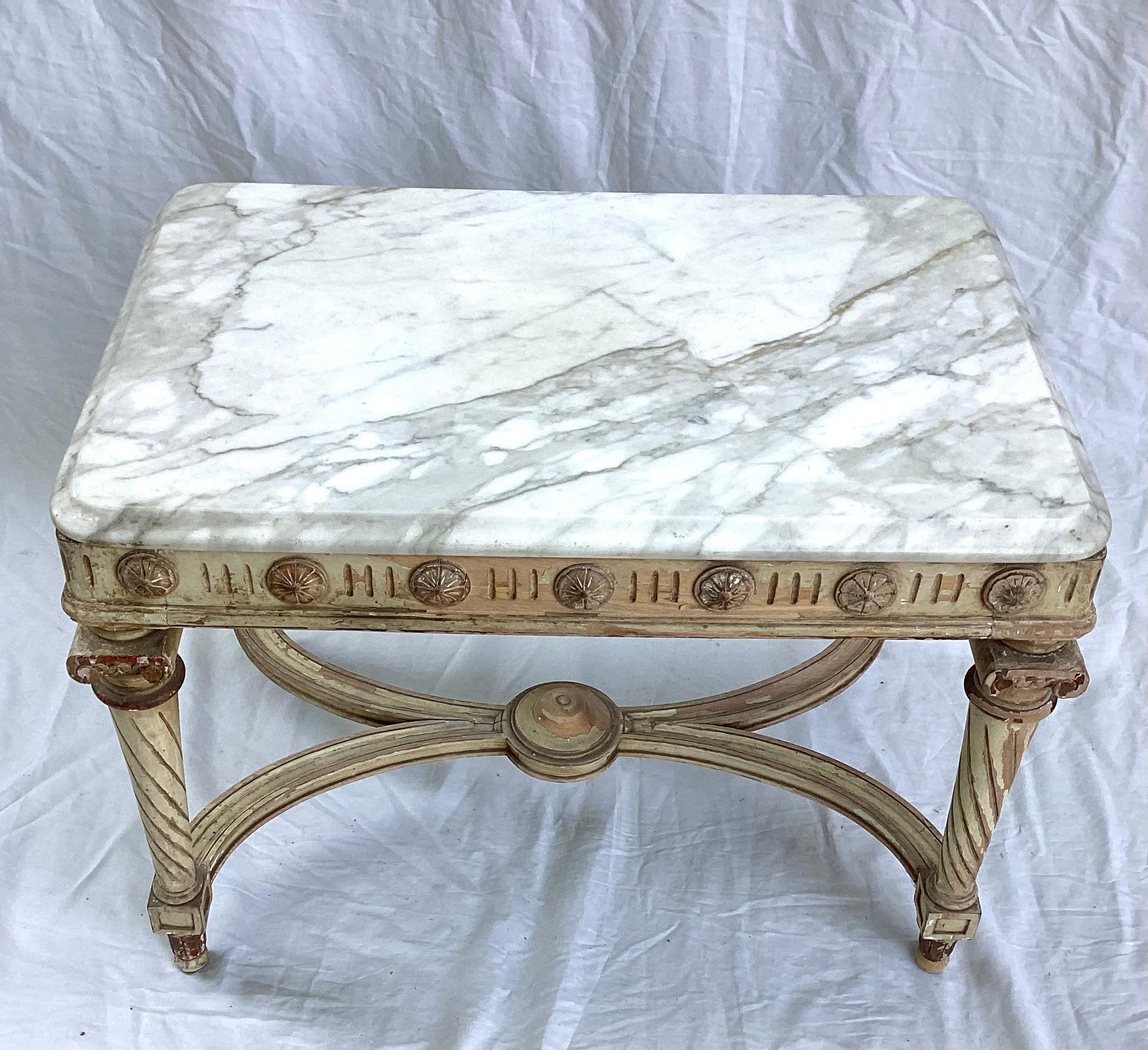 Louis XVI Style Marble Top Coffee Table - Distressed Old White / Gold Gilt Paint In Good Condition In Lambertville, NJ