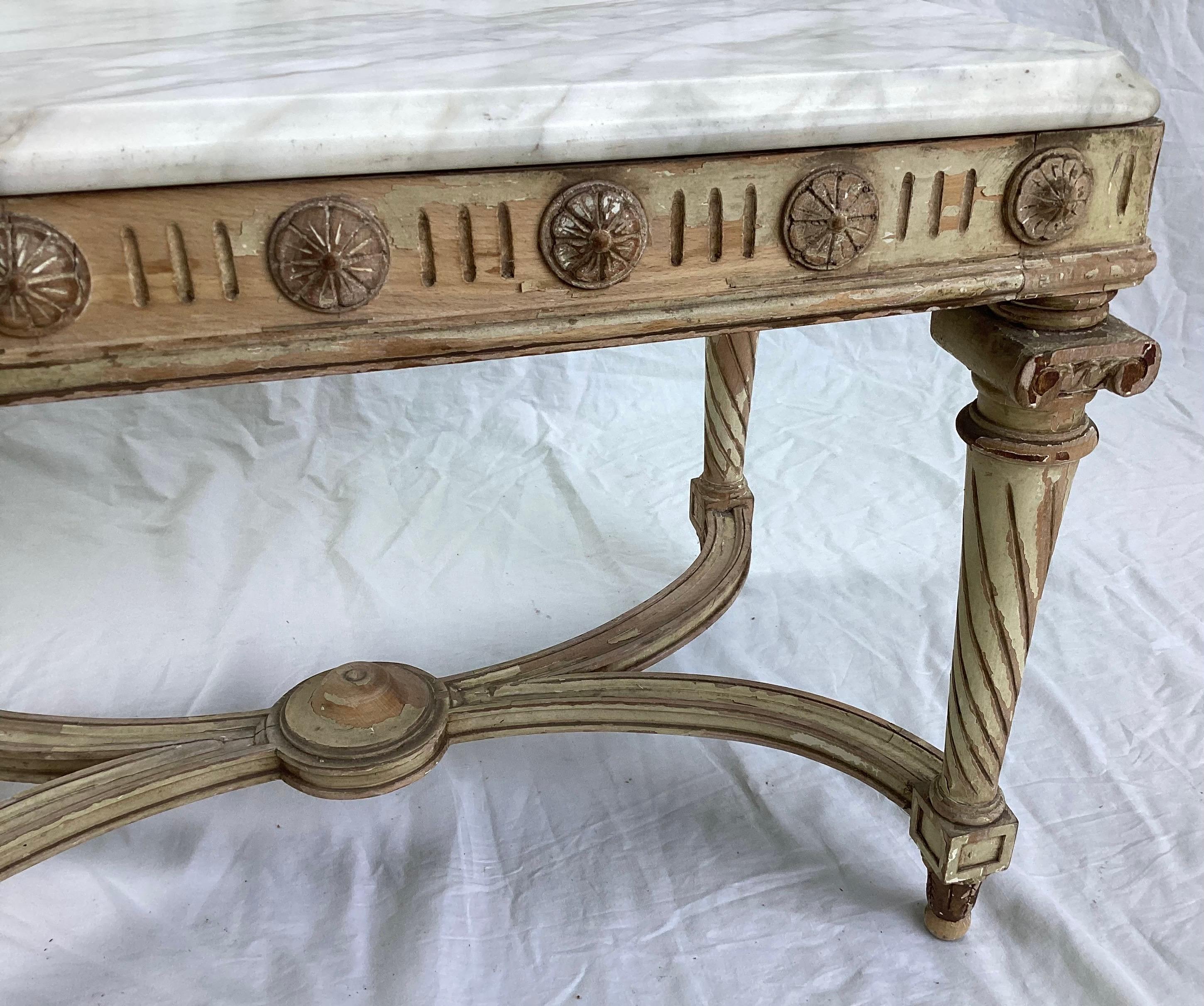 19th Century Louis XVI Style Marble Top Coffee Table - Distressed Old White / Gold Gilt Paint