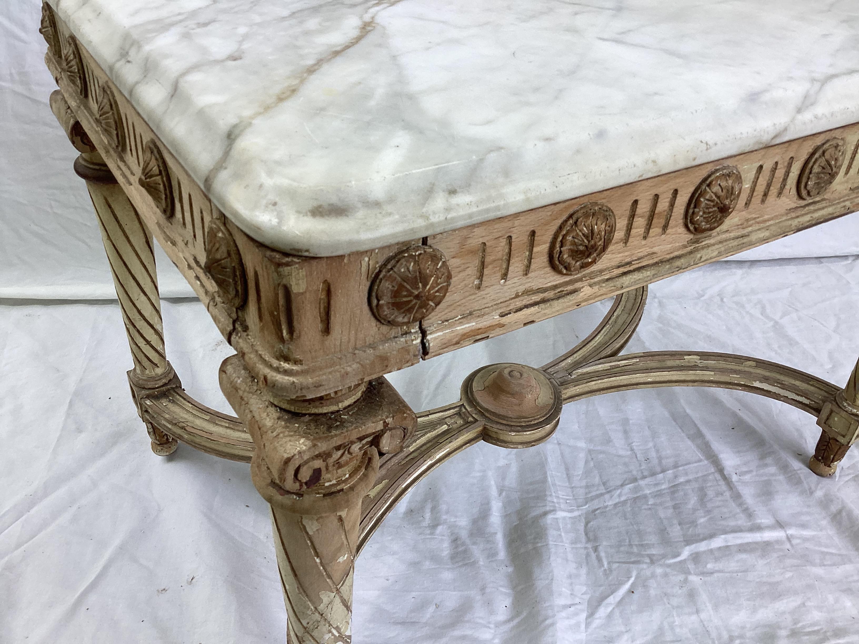 Louis XVI Style Marble Top Coffee Table - Distressed Old White / Gold Gilt Paint 1