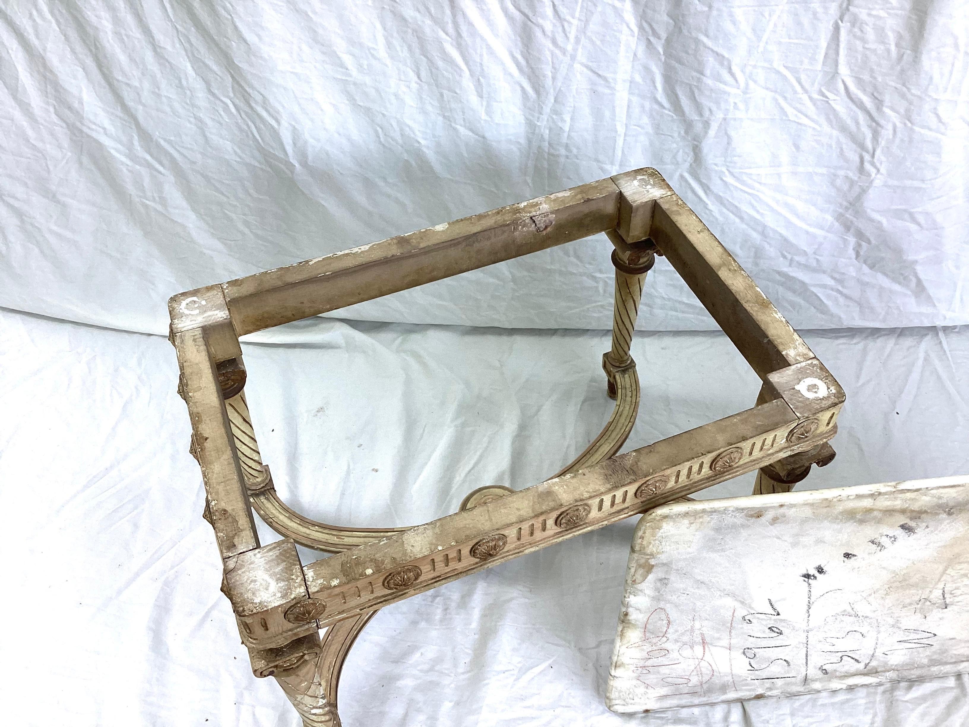 Louis XVI Style Marble Top Coffee Table - Distressed Old White / Gold Gilt Paint 2