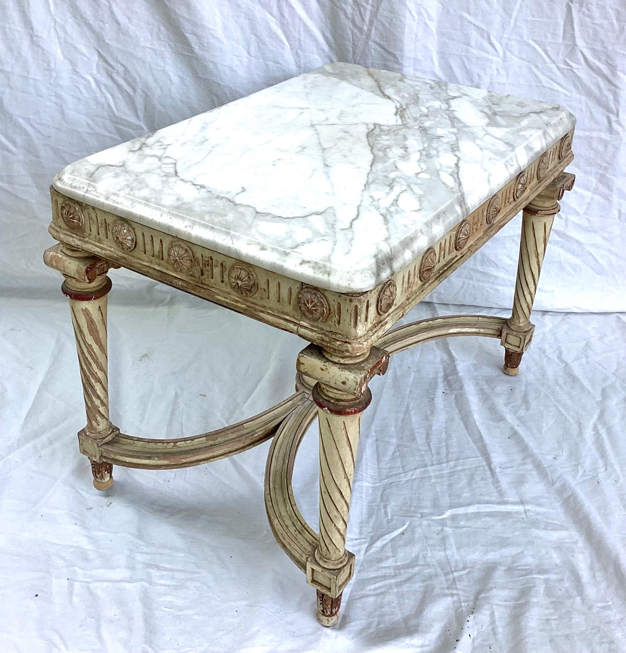 Louis XVI Style Marble Top Coffee Table - Distressed Old White / Gold Gilt Paint 3