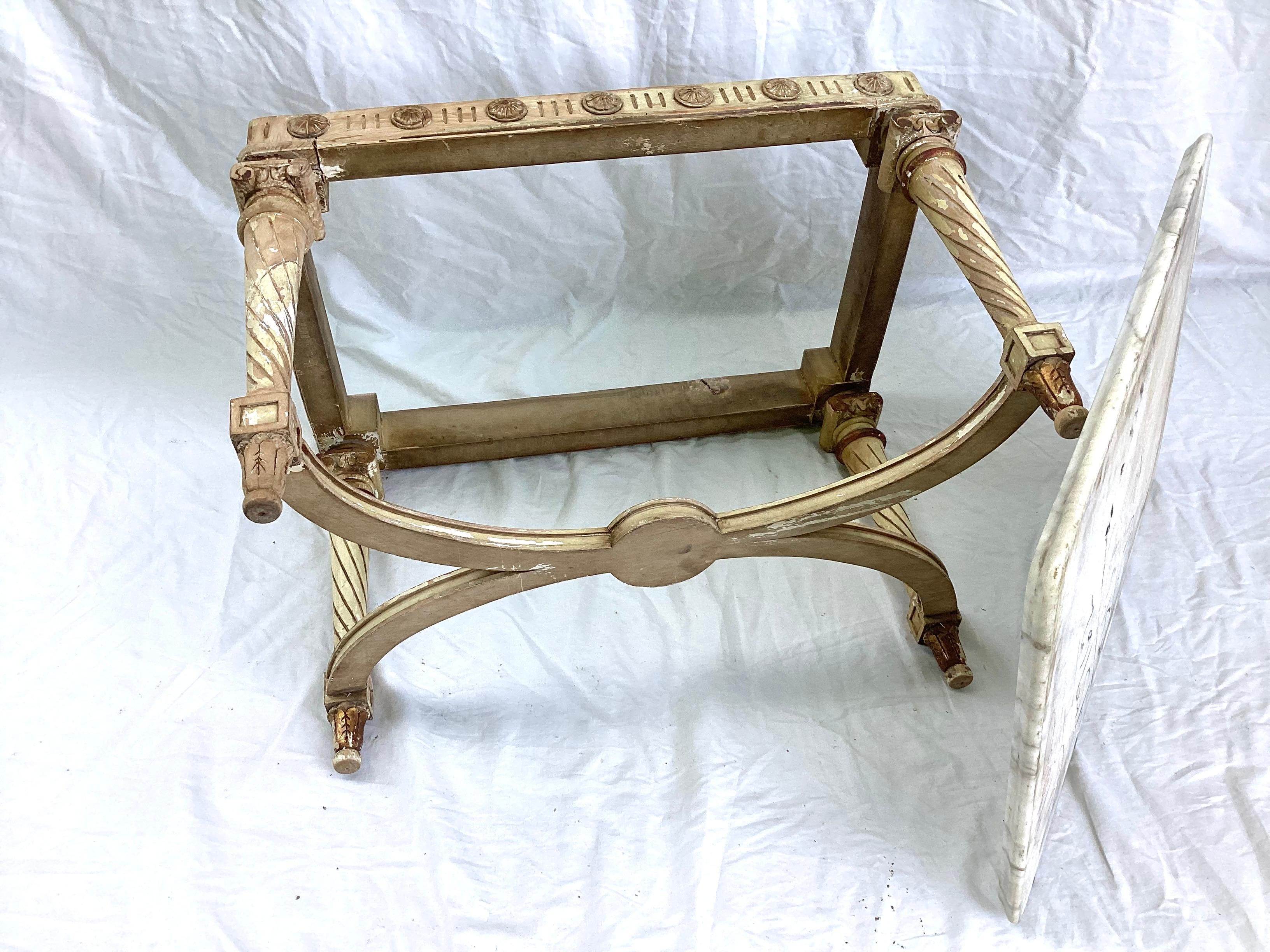 Louis XVI Style Marble Top Coffee Table - Distressed Old White / Gold Gilt Paint 4