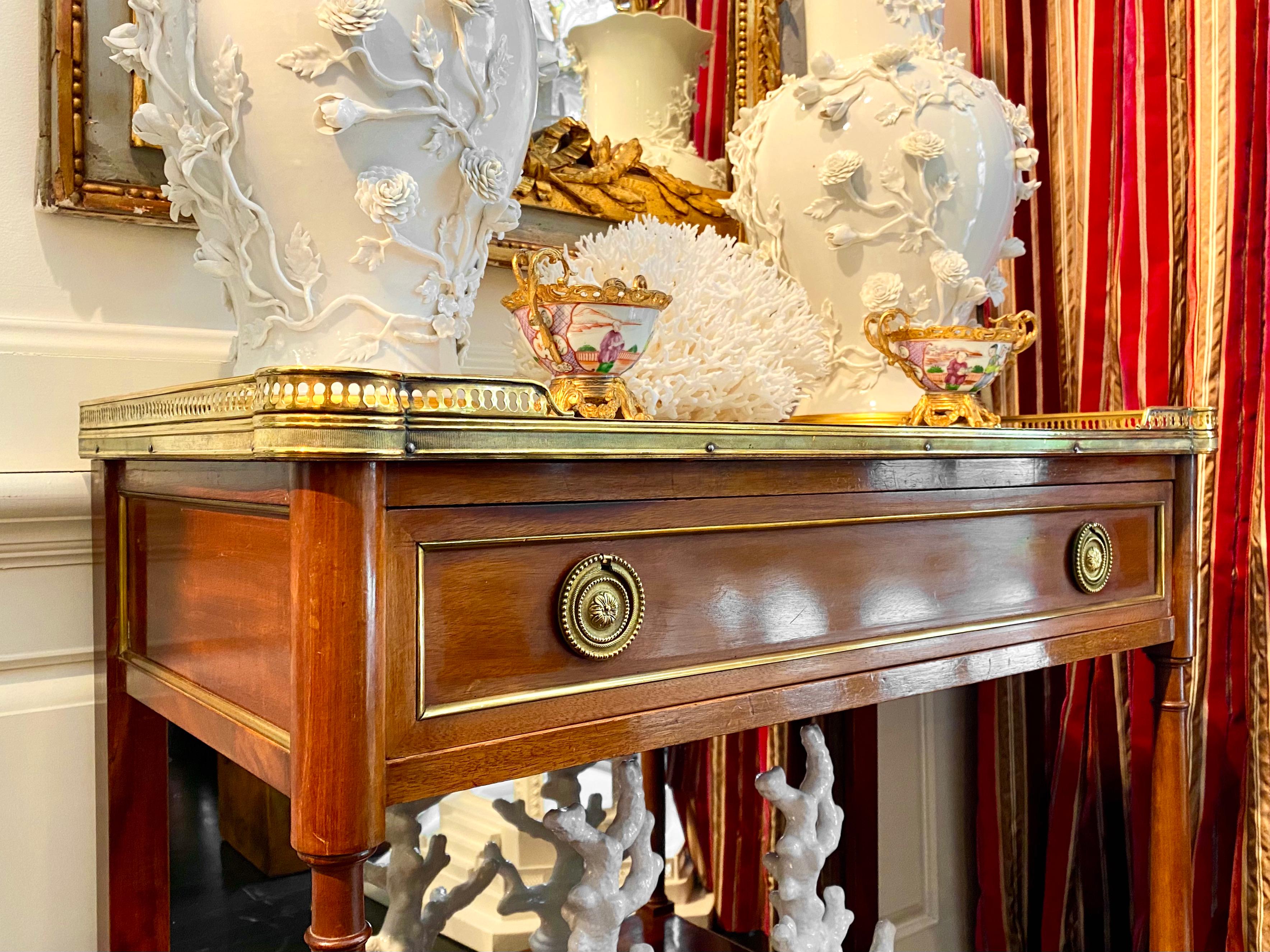 Louis XVI Style, Marble Top Console, Bronze Gallery, Mirror Back For Sale 5