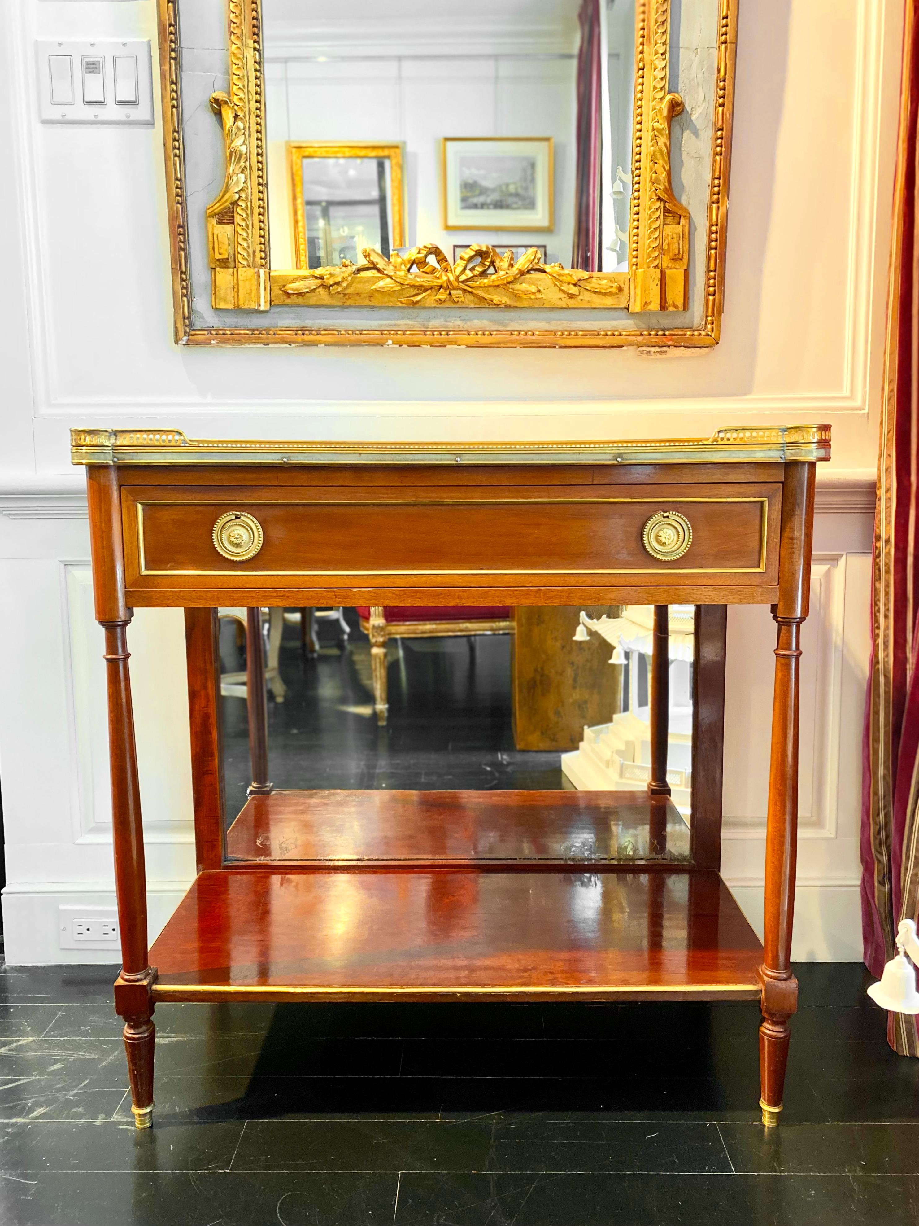 Louis XVI Style, Marble Top Console, Bronze Gallery, Mirror Back For Sale 13