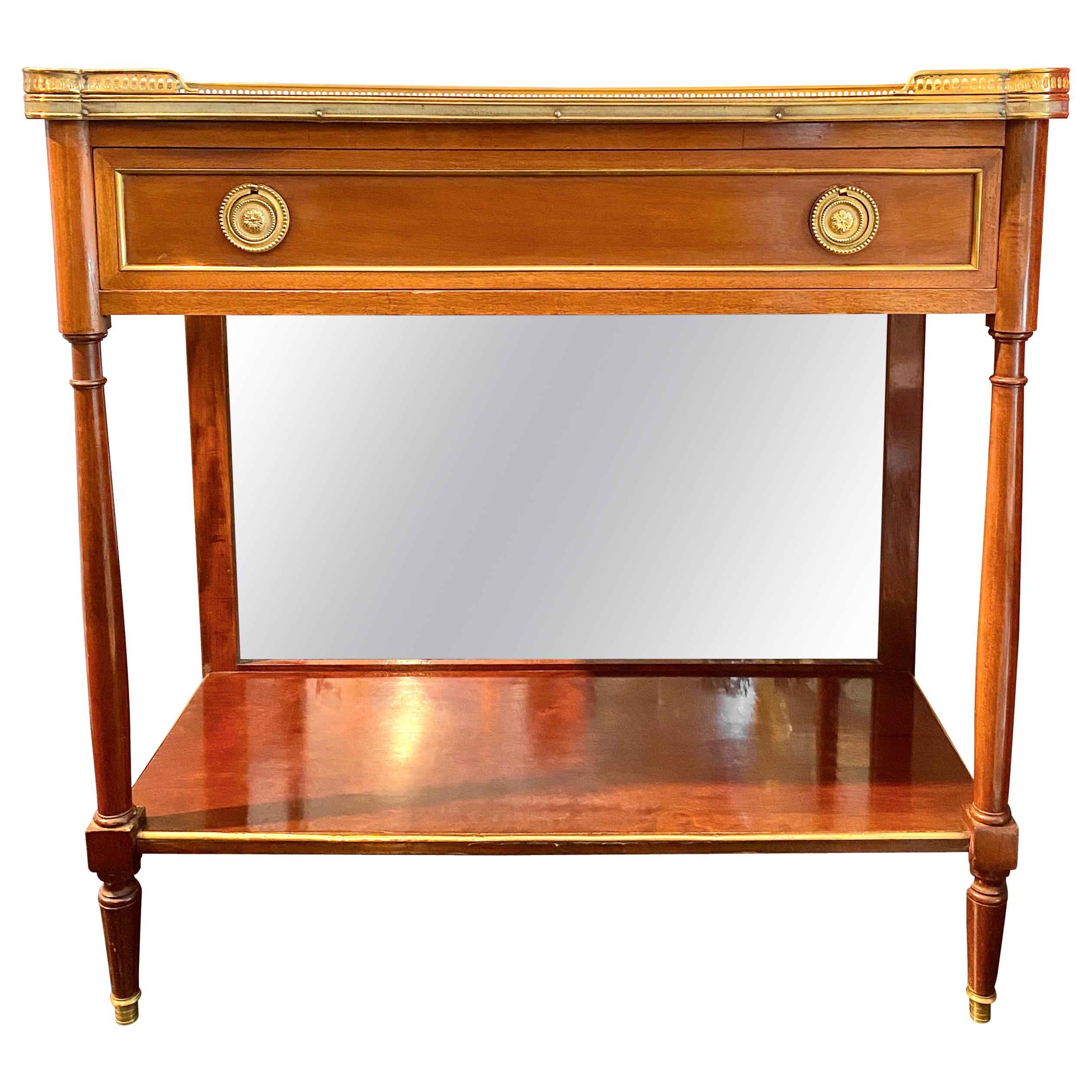 Louis XVI Style, Marble Top Console, Bronze Gallery, Mirror Back For Sale