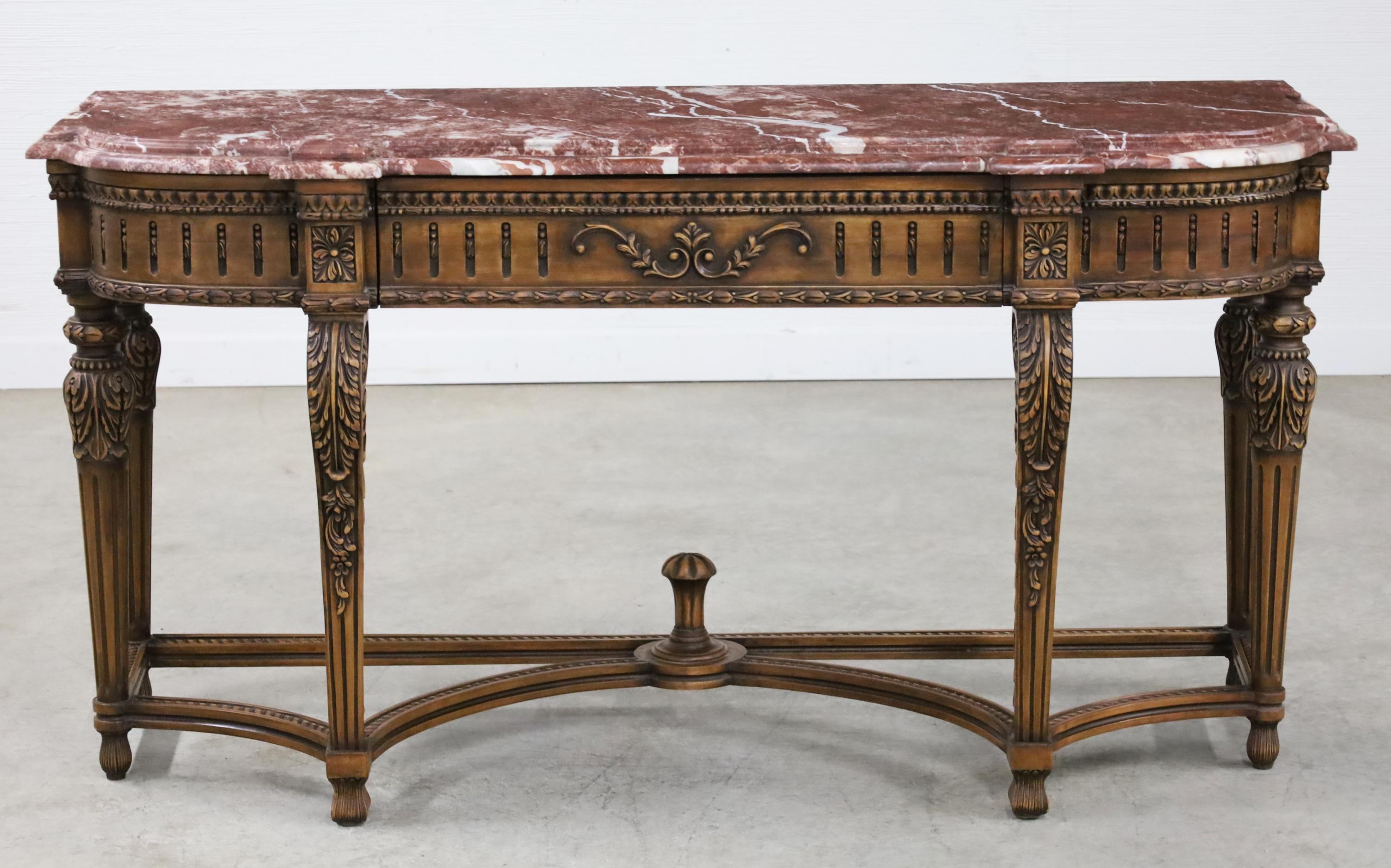 Carved Louis XVI Style Marble Top Console Table For Sale