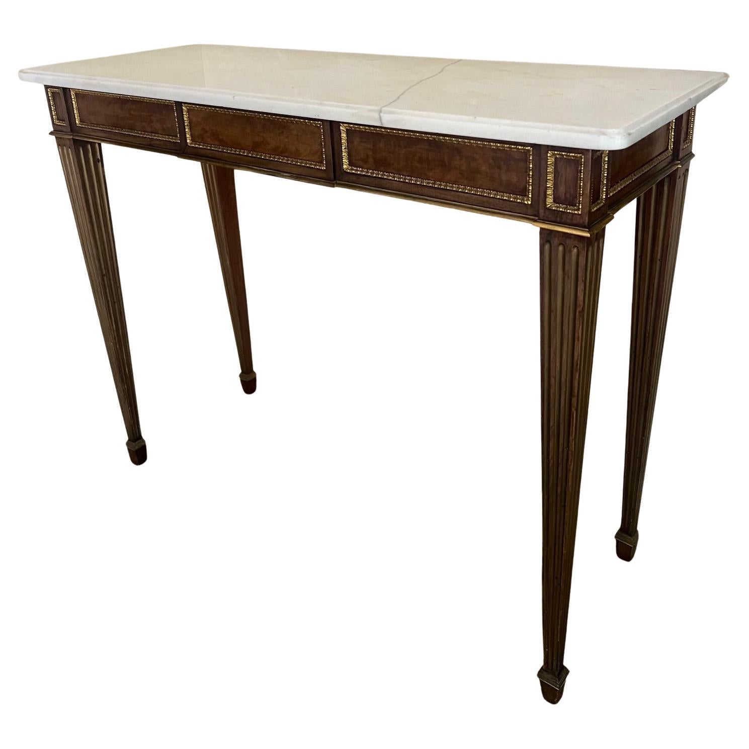 Louis XVI Style Marble Top Console Table w/ Inlaid Brass