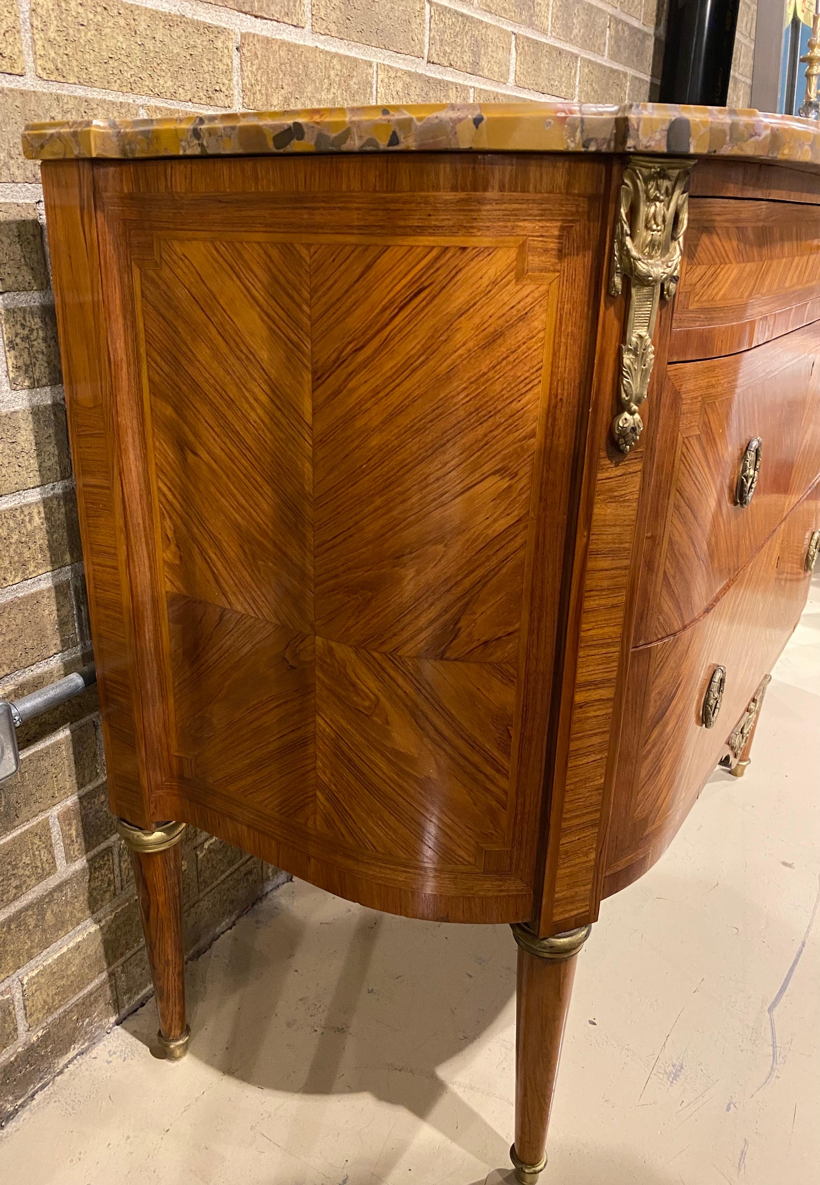 Parquetry Louis XVI Style Marble Top Demi Lune shape Commode with Ormolu Accents