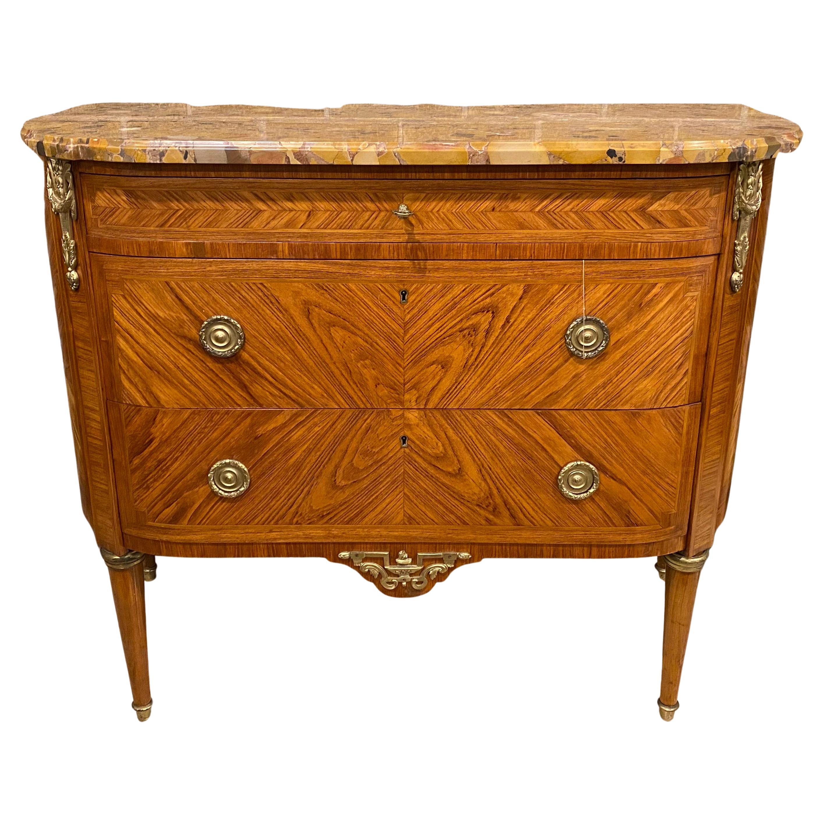 Louis XVI Style Marble Top Demi Lune shape Commode with Ormolu Accents