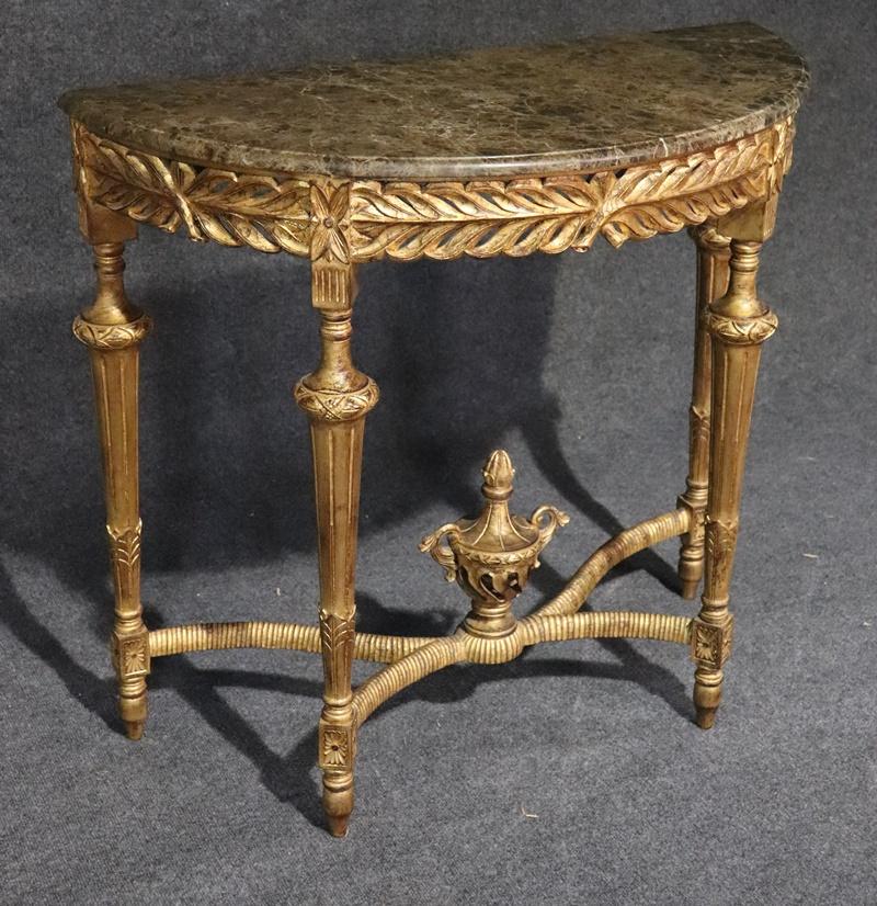 Gilt Louis XVI Style Marble Top Demilune Console Sofa Table In Good Condition In Swedesboro, NJ