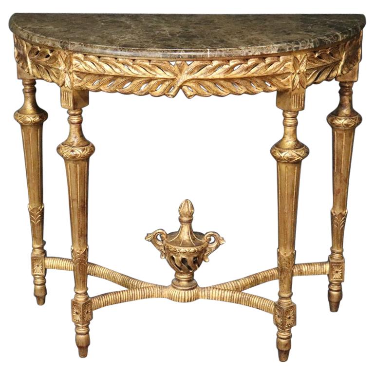 Gilt Louis XVI Style Marble Top Demilune Console Sofa Table