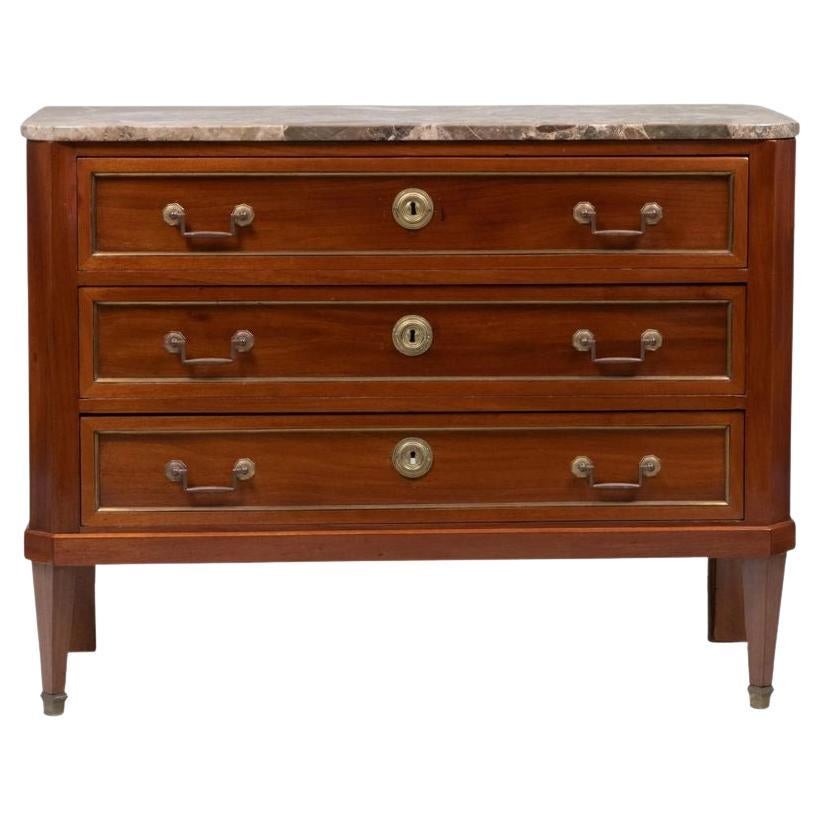 Louis XVI Style Marble Top Mahogany and Brass Commode For Sale