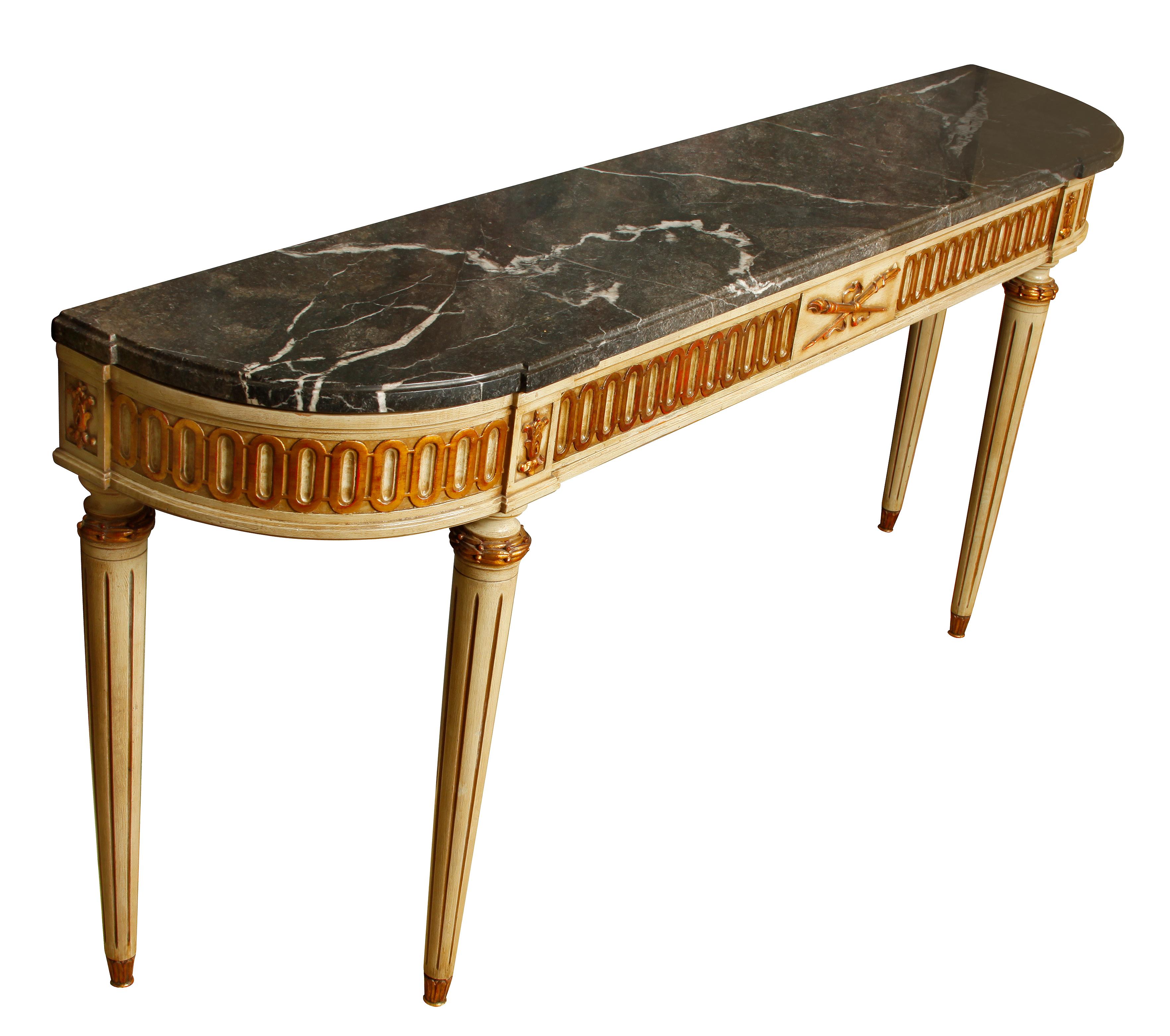 Louis XVI style marble topped French painted console.
