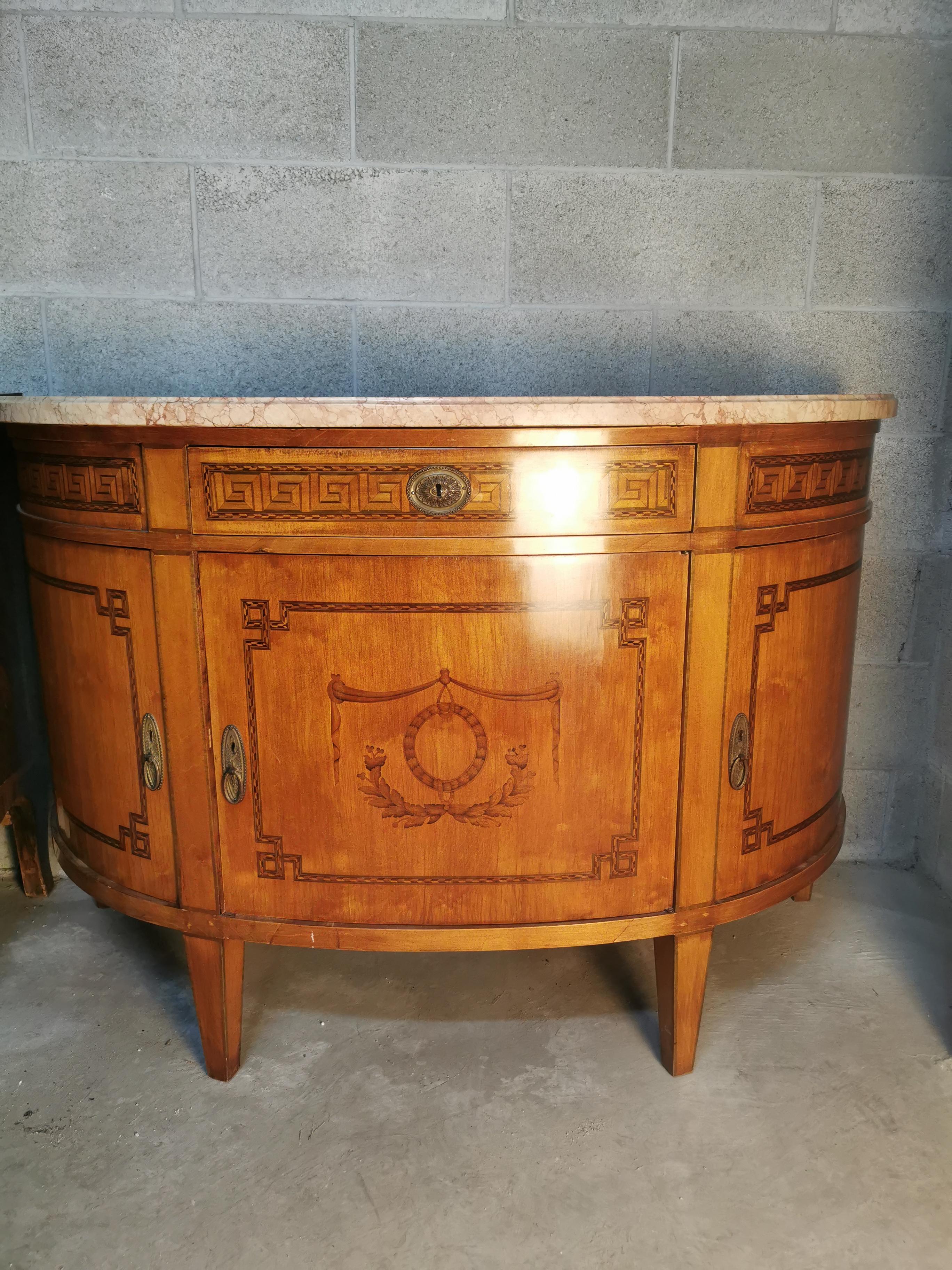 Louis XVI Style Marquetry Credenza with top marble, Sideboard, Circa 1920 For Sale