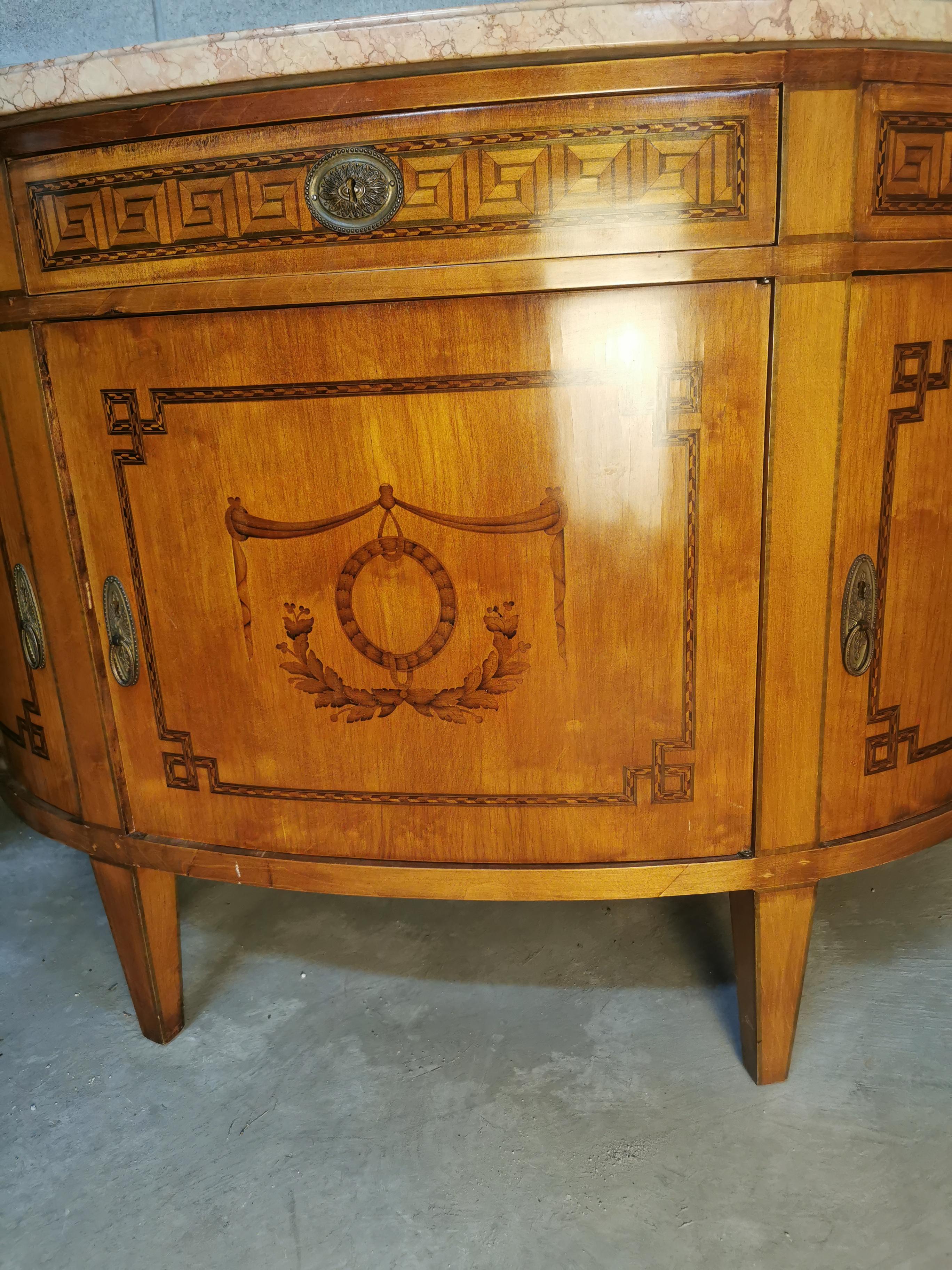 French Louis XVI Style Marquetry Credenza with top marble, Sideboard, Circa 1920 For Sale