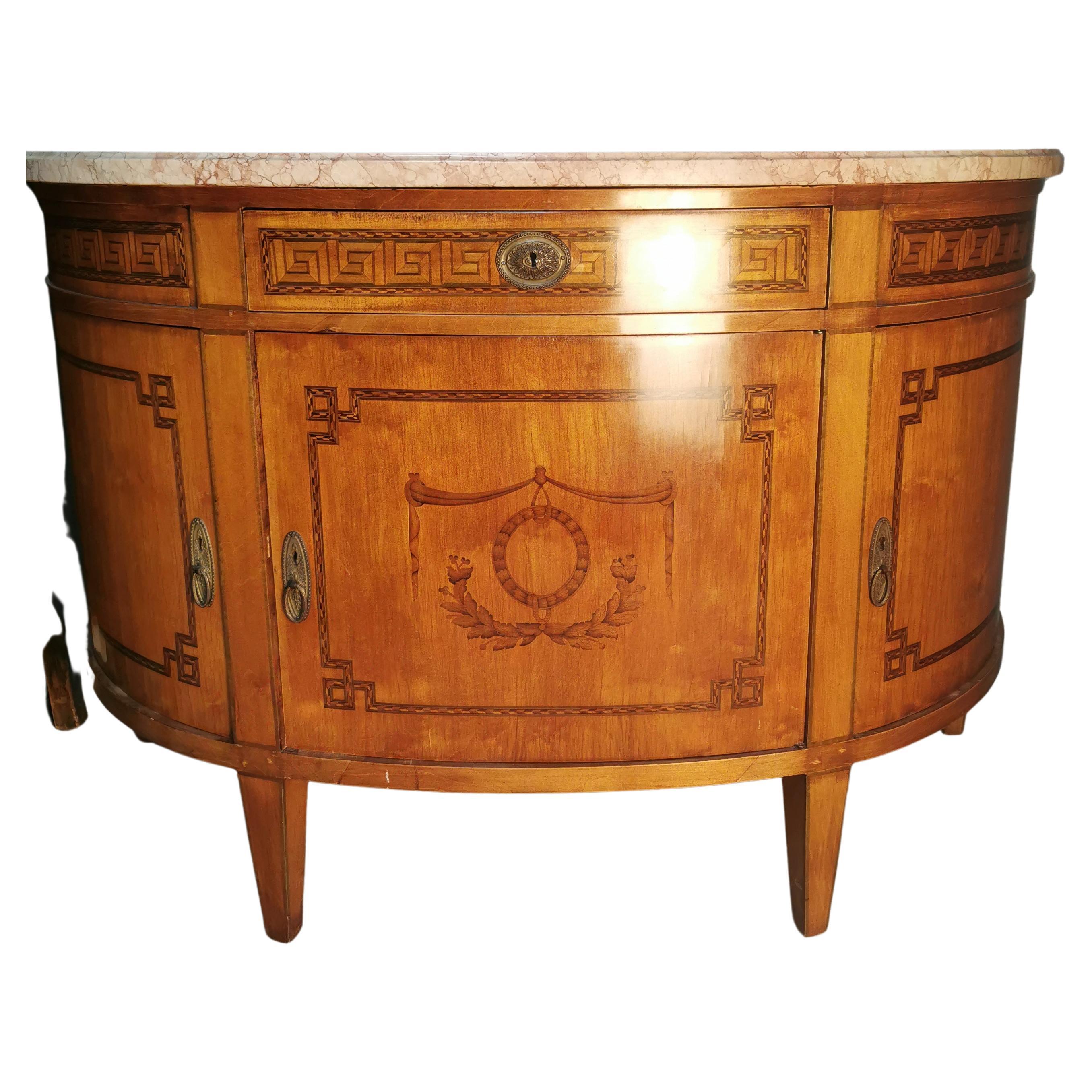 Mezzaluna - Credenza 
Louis XVI Style sideboard with top marble 31 mm thickness walnut and marquetry 
in excellent condition..
circa 1920 France
remarkable big dimension 
for the closer cities and for the europe there is fast shipping 
eller