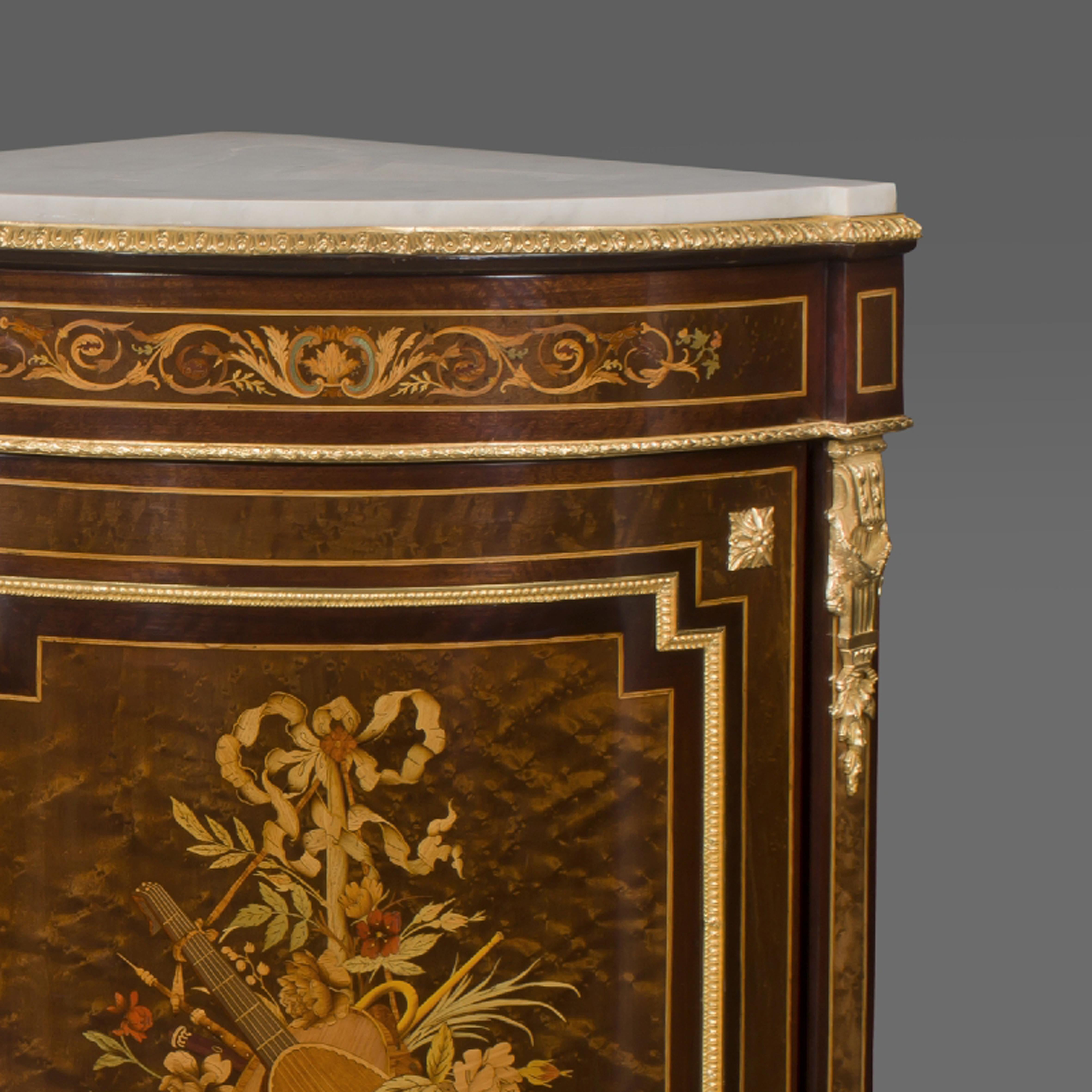 Gilt Louis XVI Style Marquetry Inlaid Encoignures by Paul Sormani, French, circa 1870 For Sale