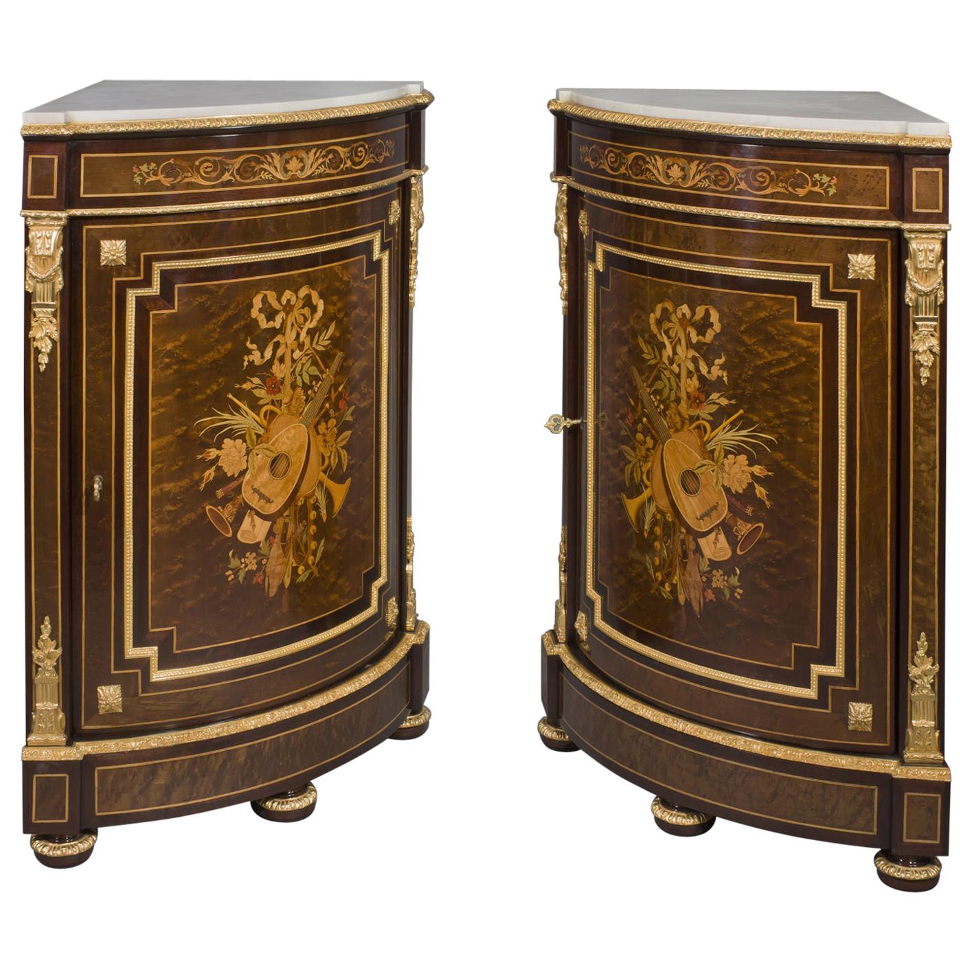 Louis XVI Style Marquetry Inlaid Encoignures by Paul Sormani, French, circa 1870