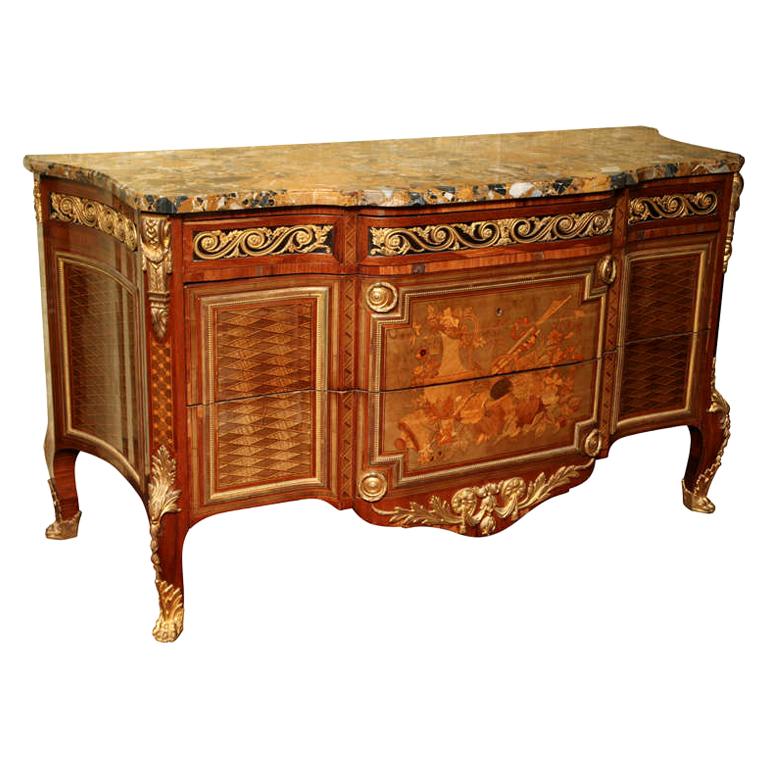 French 19 century Louis XVI Style Marquetry Inlaid Marble-Top Commode For Sale