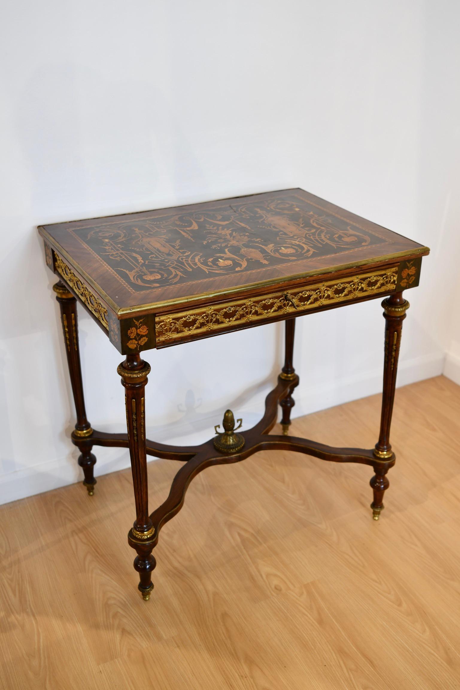 Louis XVI-Style Marquetry Inlaid Writing Table For Sale 9