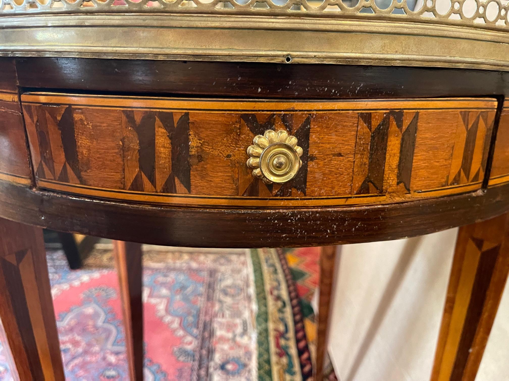 Louis XVI Style Marquetry Marble-Top Gueridon with a Gallery, Early 20th Century 8